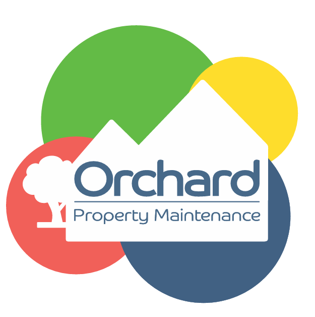 Logo for Orchard Property Maintenance with a house icon, tree, and colorful background circles
