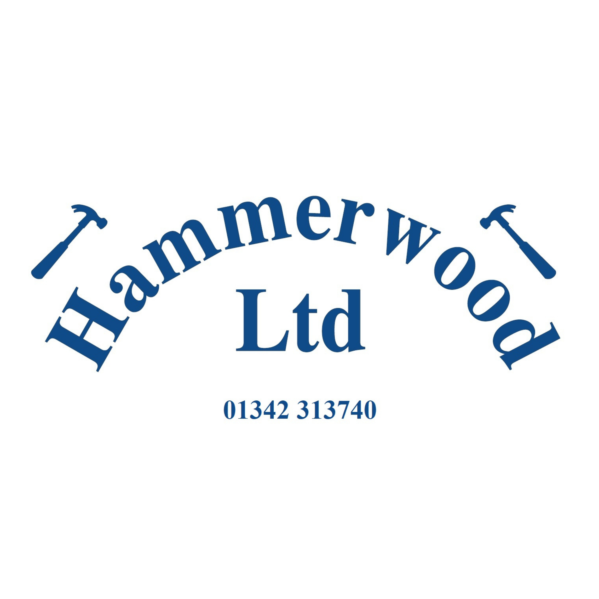 Logo for Hammerwood Ltd featuring the company name in curved text with hammer icons on each side, and phone number 01342 313740 below.