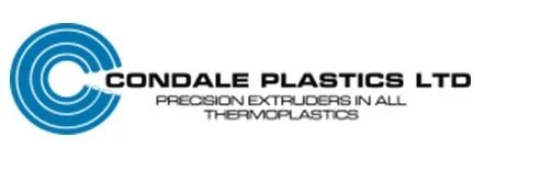 Logo of Condale Plastics Ltd with a blue circular graphic and the company name in black text, describing precision extruders and thermoplastics.