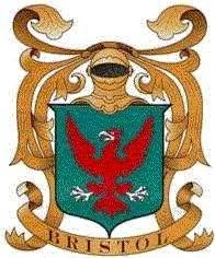 Coat of arms featuring a red eagle on a teal shield with gold scrollwork around it.