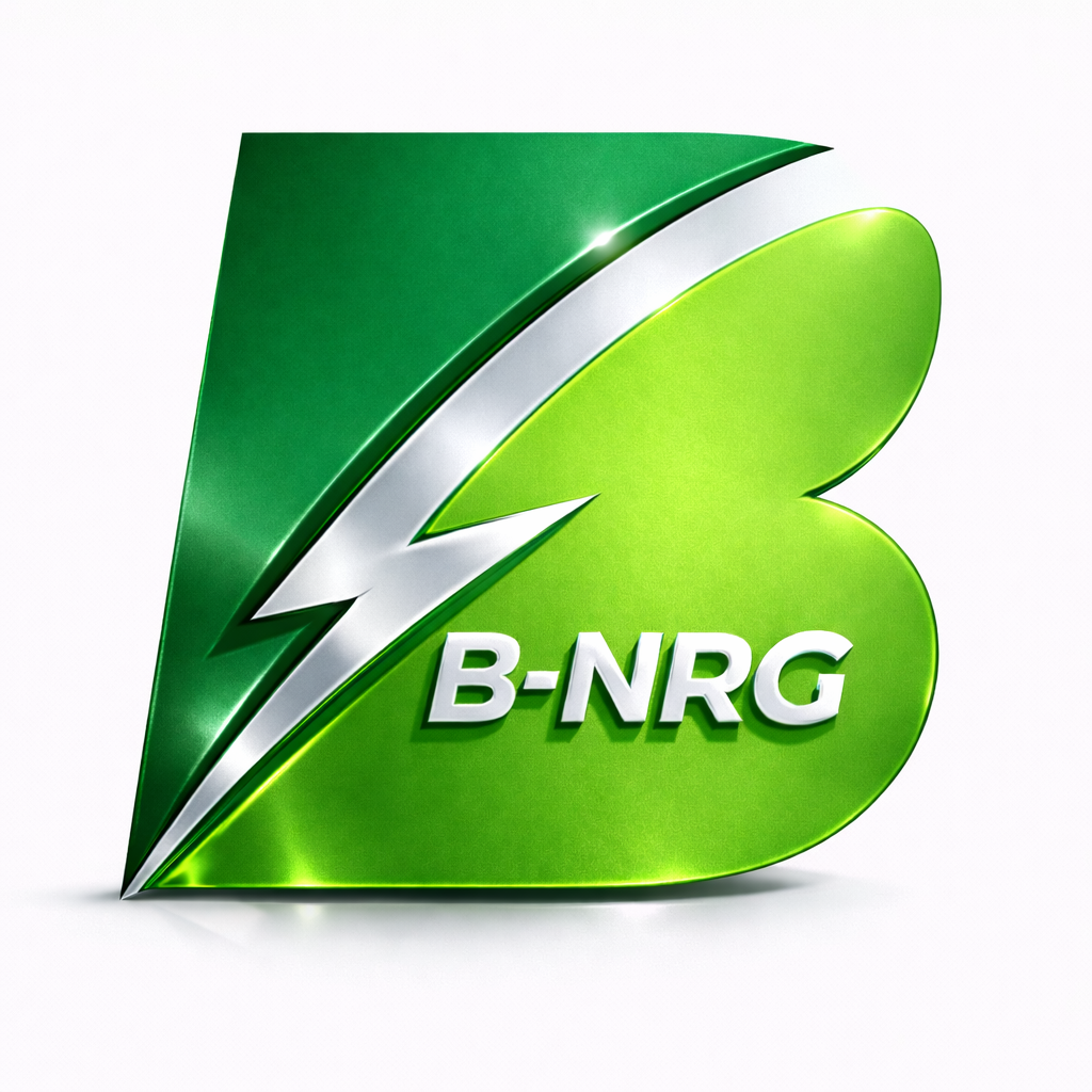 Logo with a green and silver lightning bolt and the text 'B-NRG' on a green and white background.