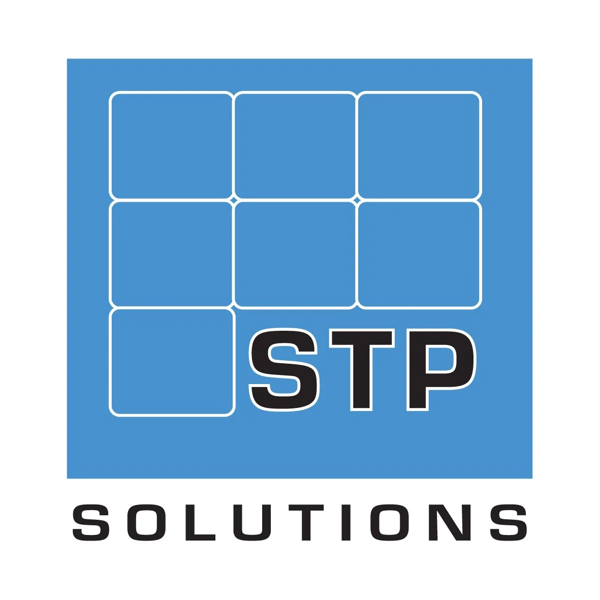 A logo featuring a grid of eight blue squares with rounded corners arranged in four rows and two columns, with the letters 'STP' in bold black text overlaying the bottom row, and the word 'SOLUTIONS' in black capital letters below the grid.
