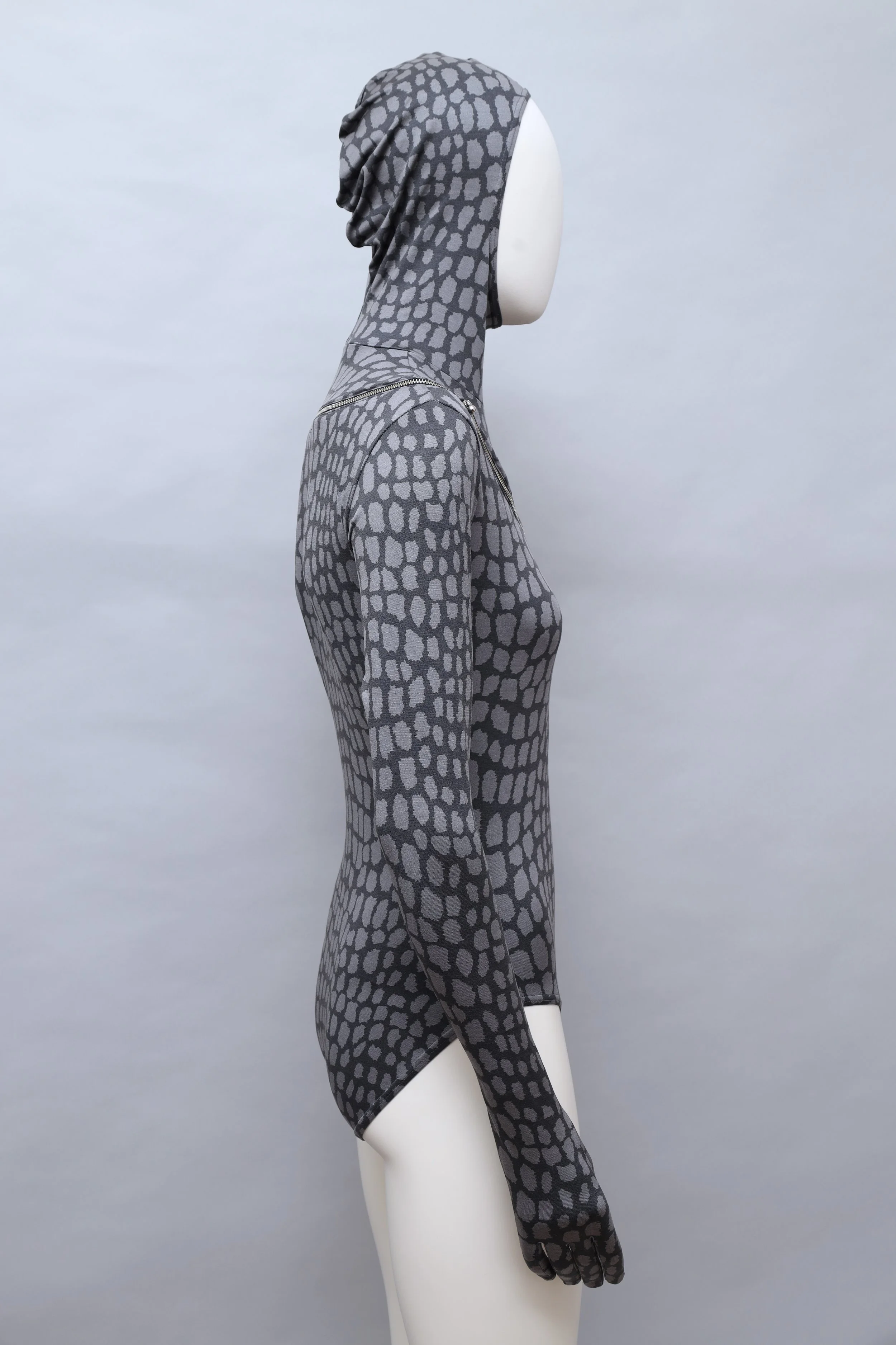 F/W 1992 Chantal Thomass gray crocodile print zip hooded bodysuit