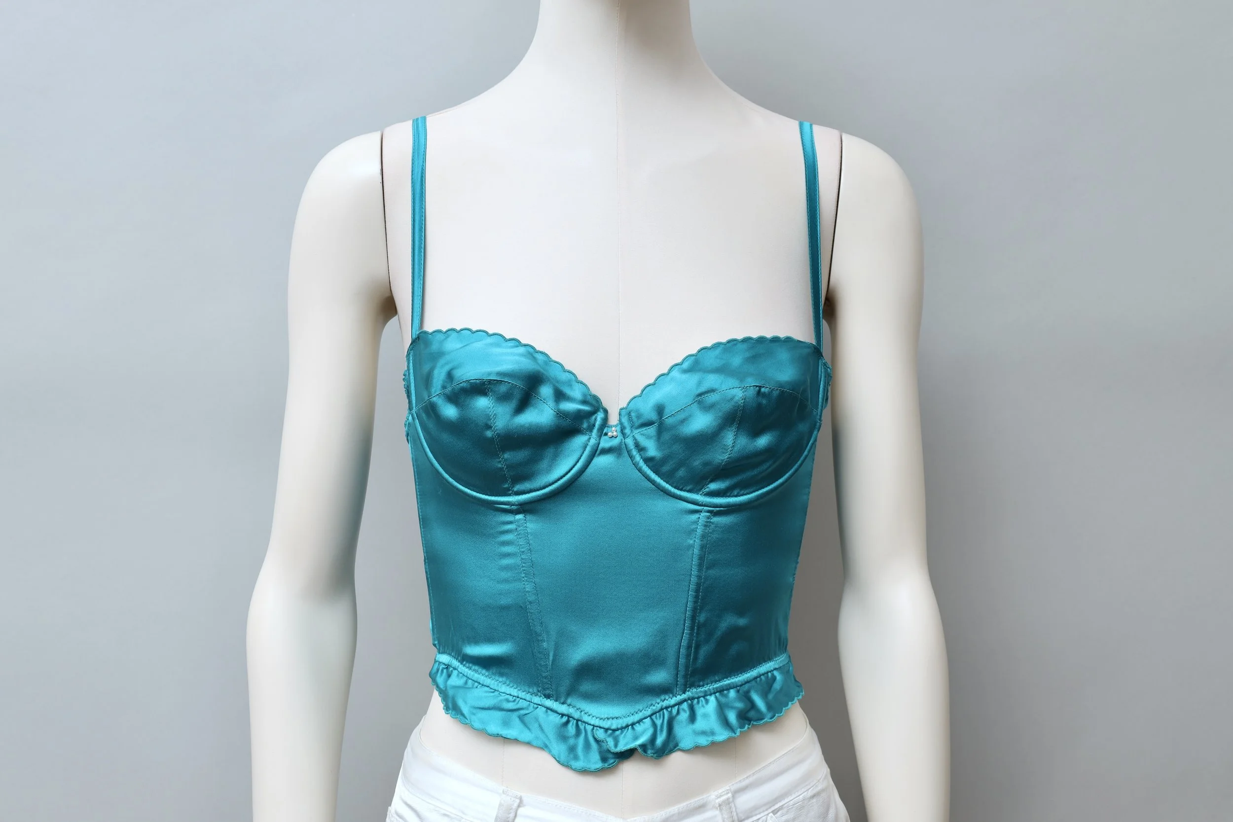 1980s deadstock Italian vintage lustrous turquoise silk bustier