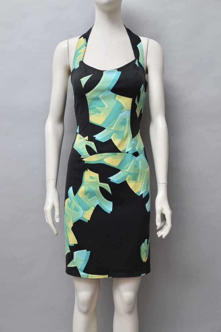 late 2000s Mugler green 2D graffiti print halterneck dress