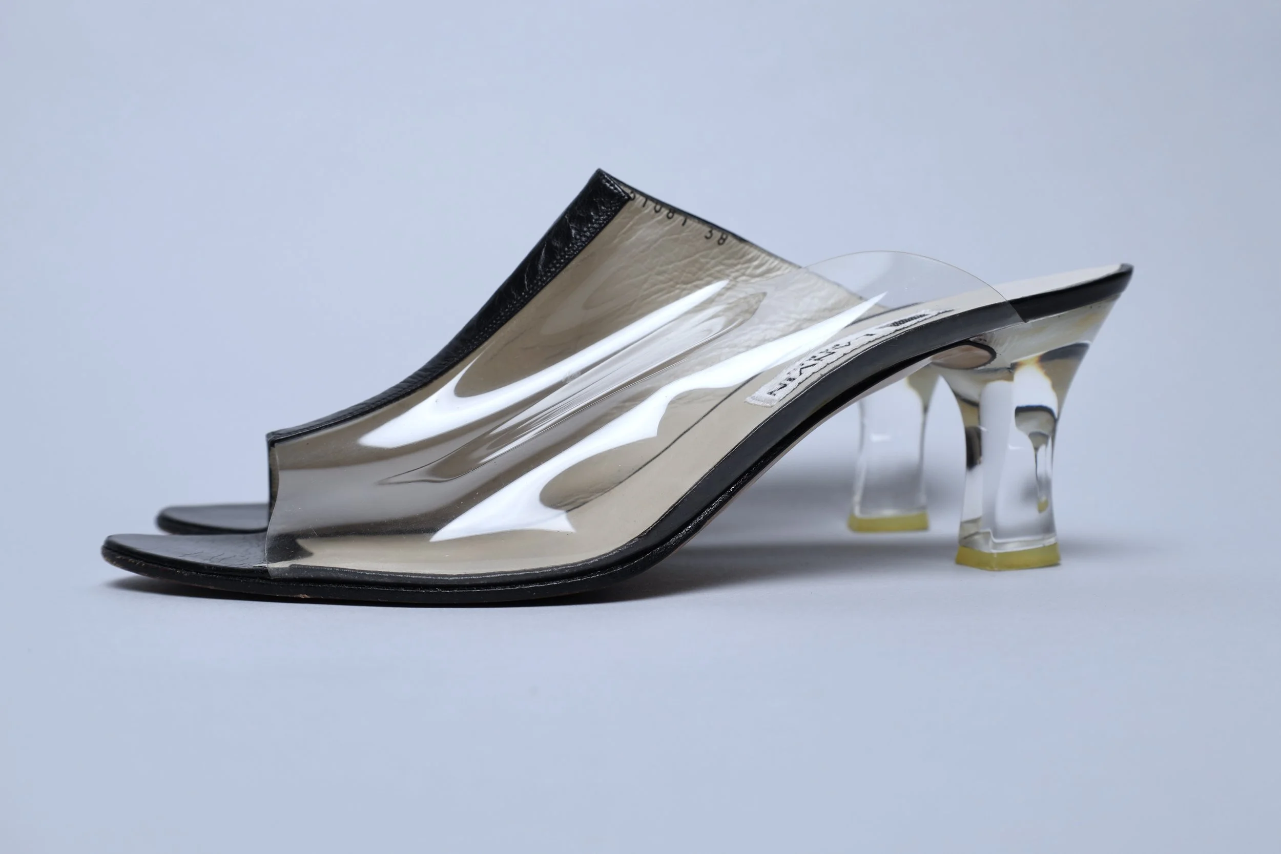 1980s Lanvin vinyl and leather lucite heel slip on sandals