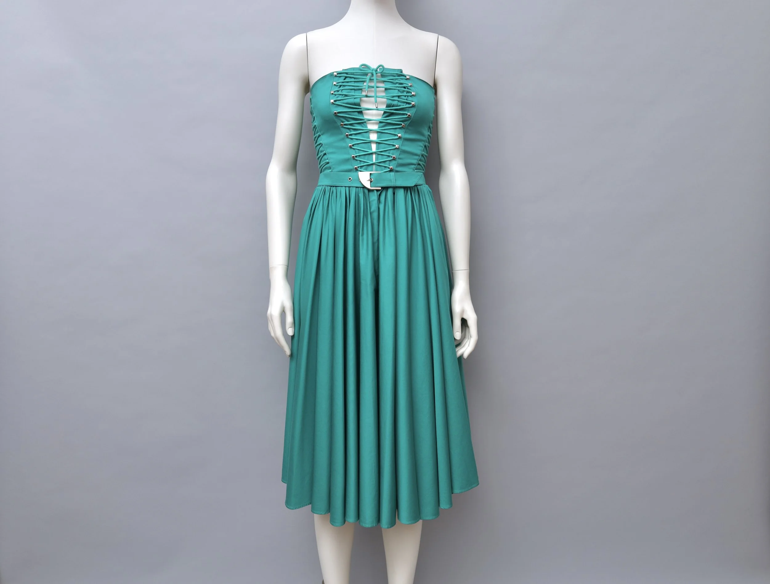 S/S 1987 Thierry Mugler teal lace up dress