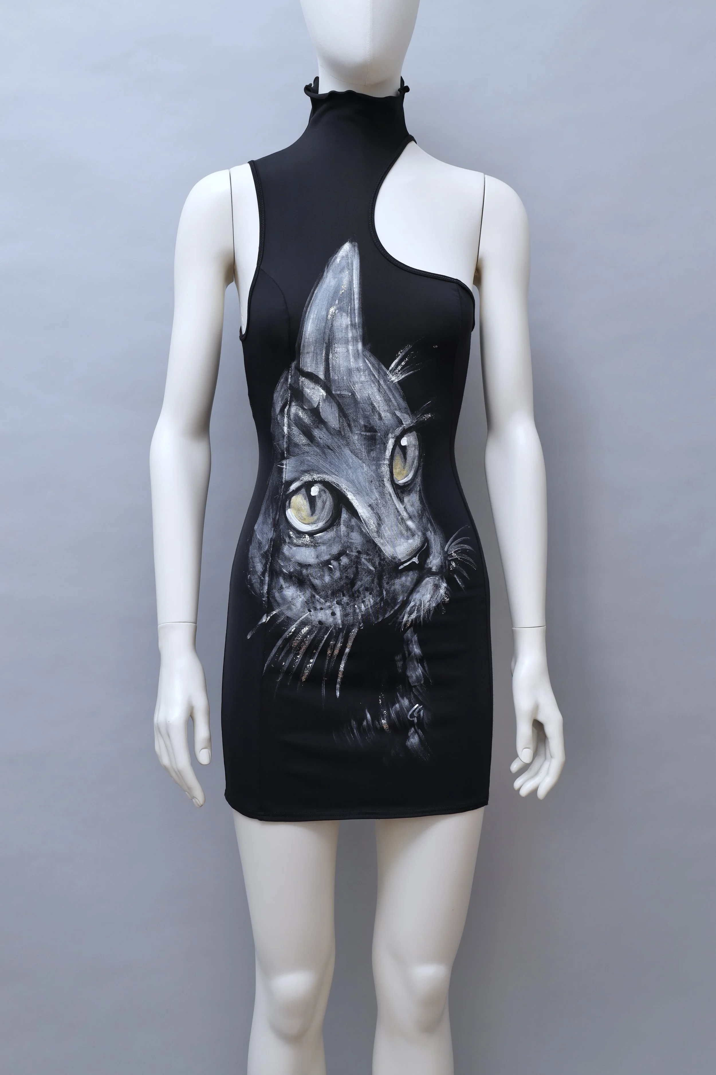2000s Omar Piragino turtleneck black cat print dress
