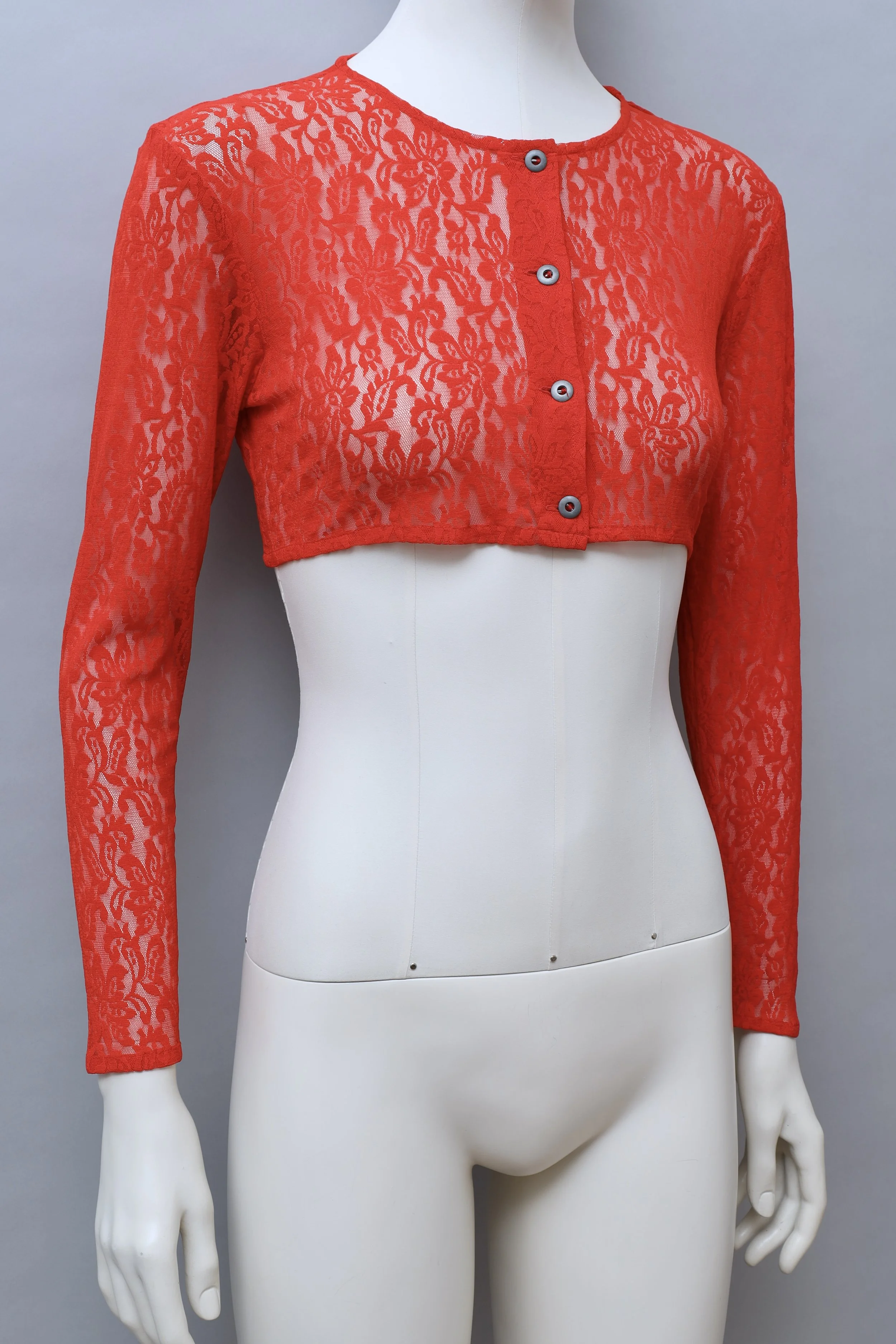 S/S 1985 Jean Paul Gaultier bright red lace cropped cardigan