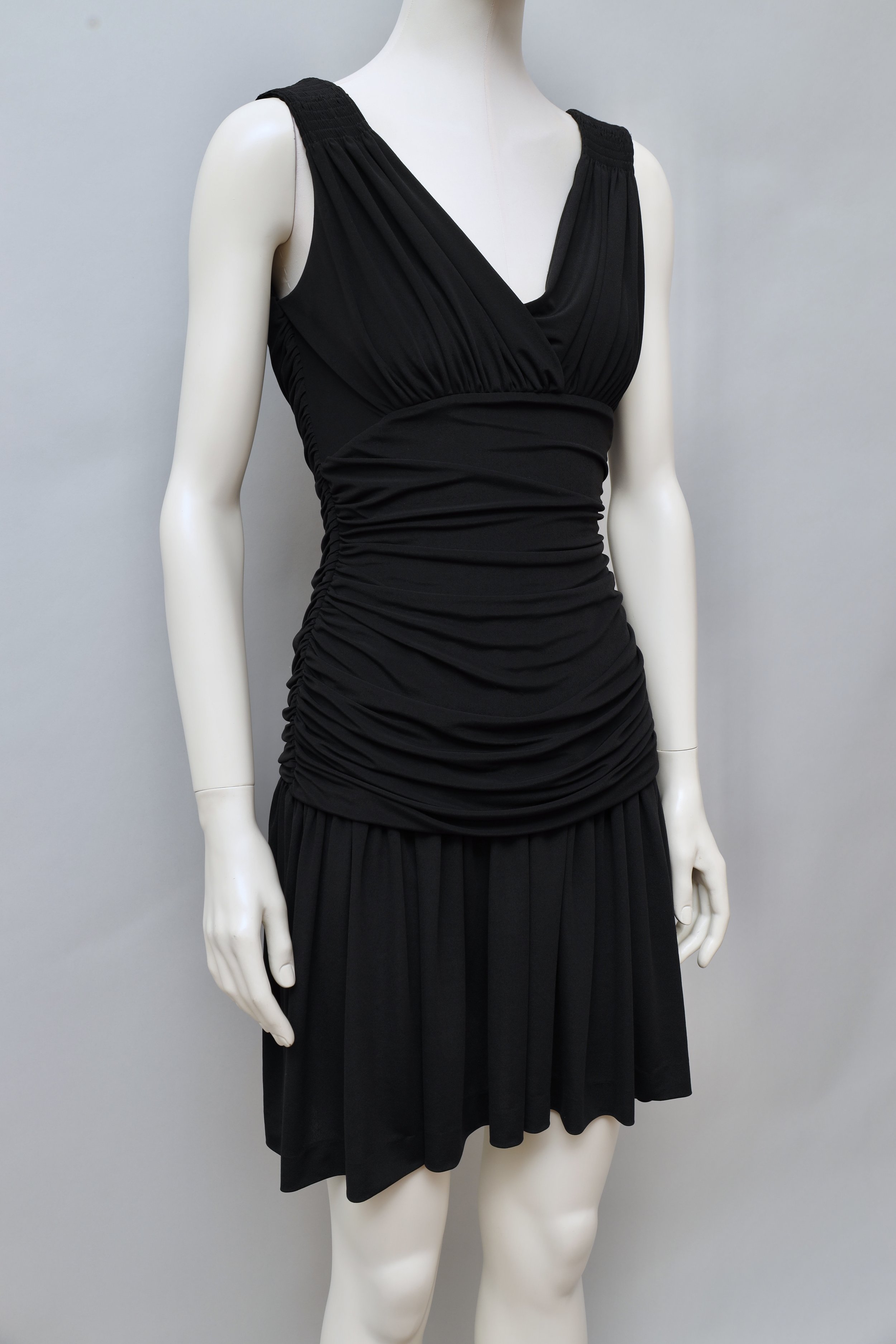 S/S 1990 Norma Kamali ruched black stretch mini dress