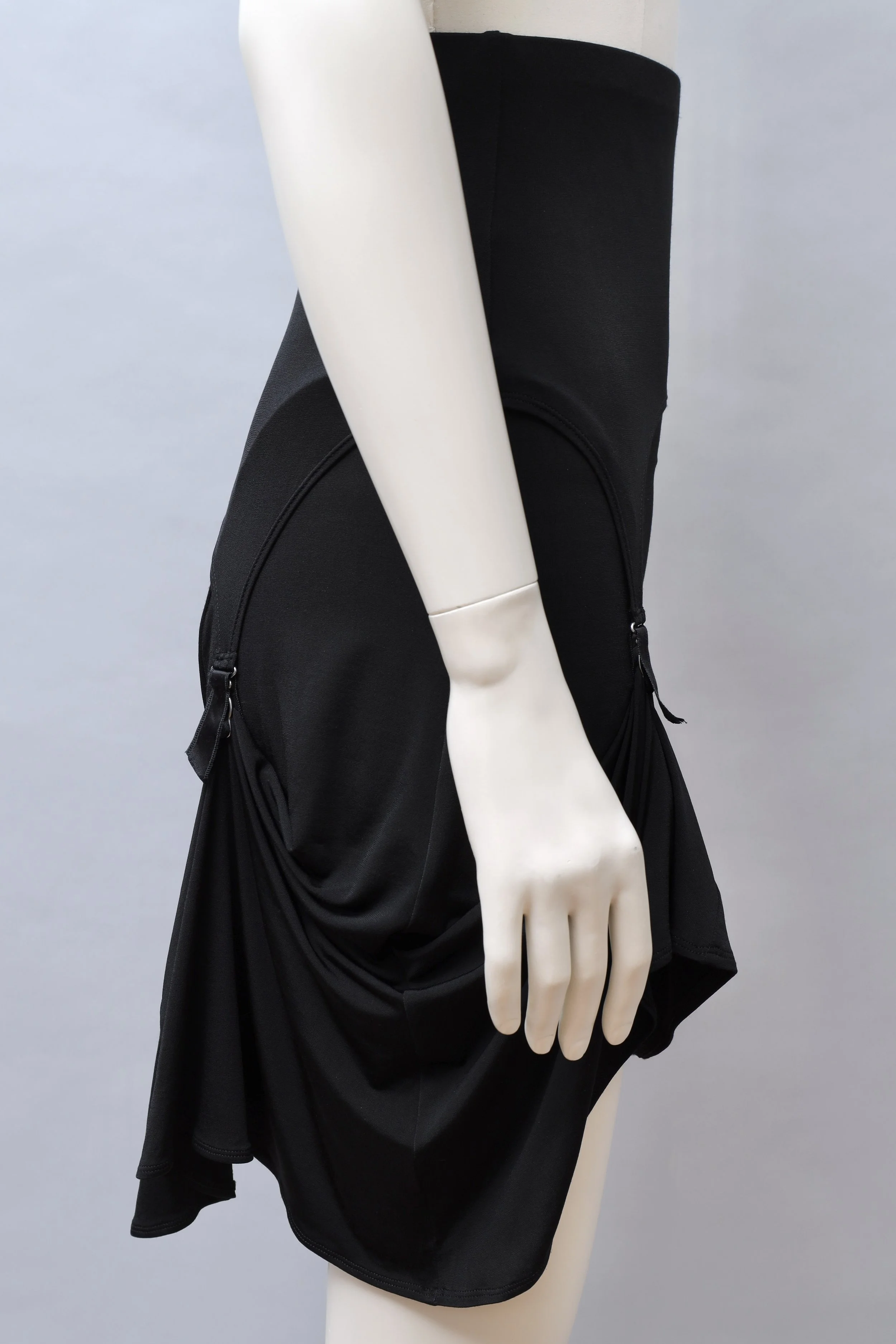 1990s Plein Sud black stretch satin ultra high waist garter skirt
