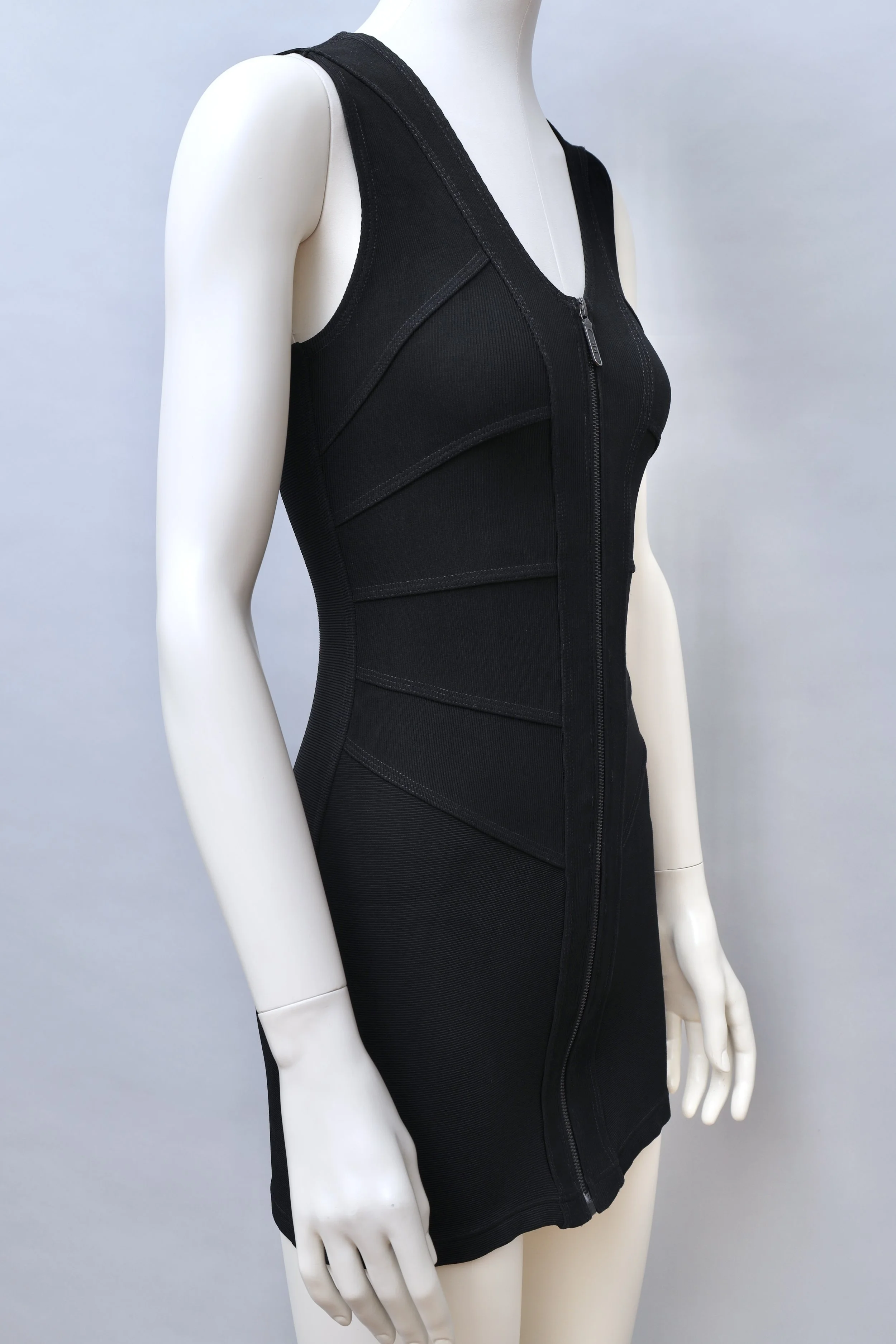 1980s Chrissie Walsh black panel stretch zip mini dress