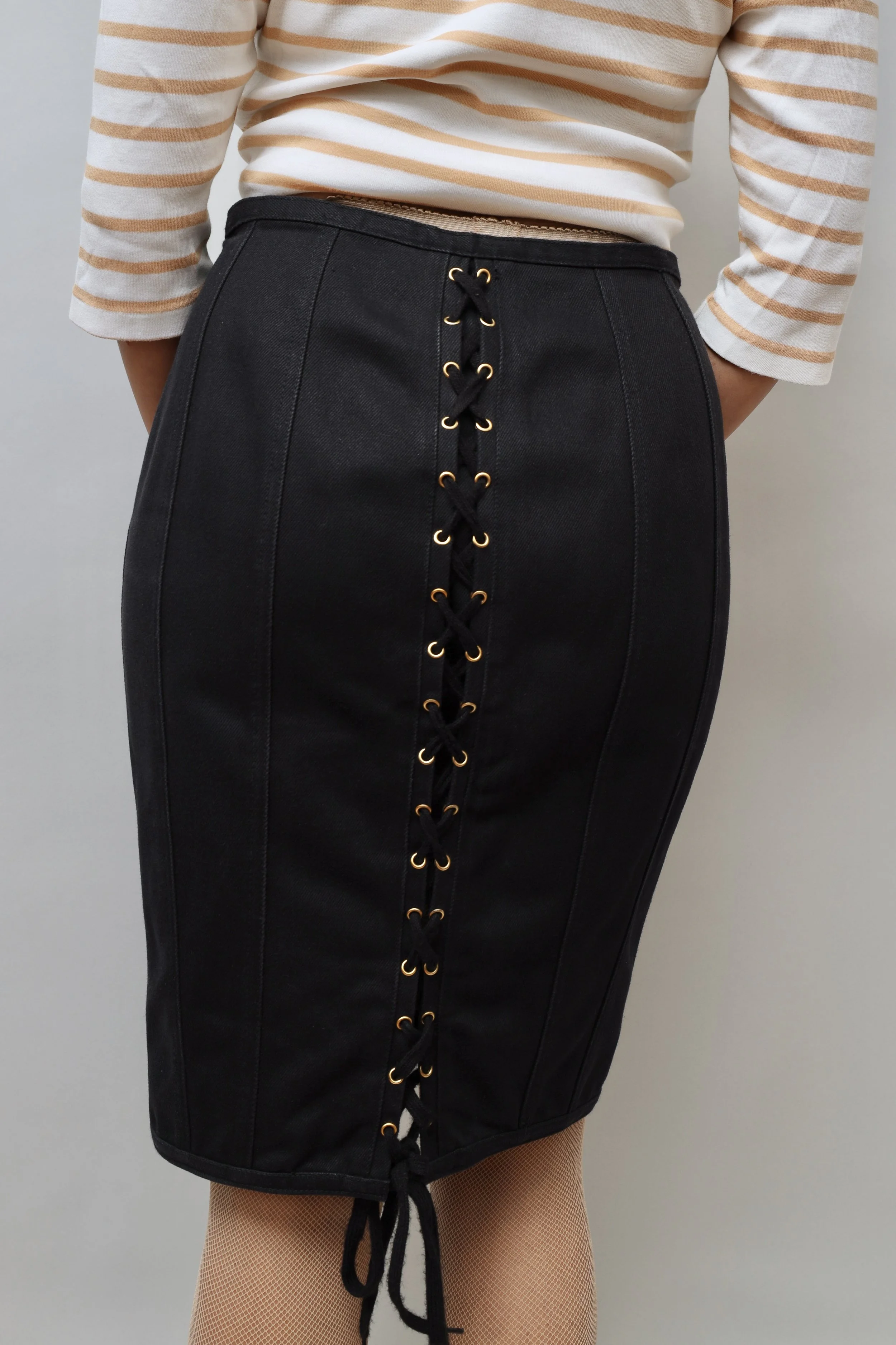 S/S 1989 Junior Gaultier black cotton gabardine lace-up skirt