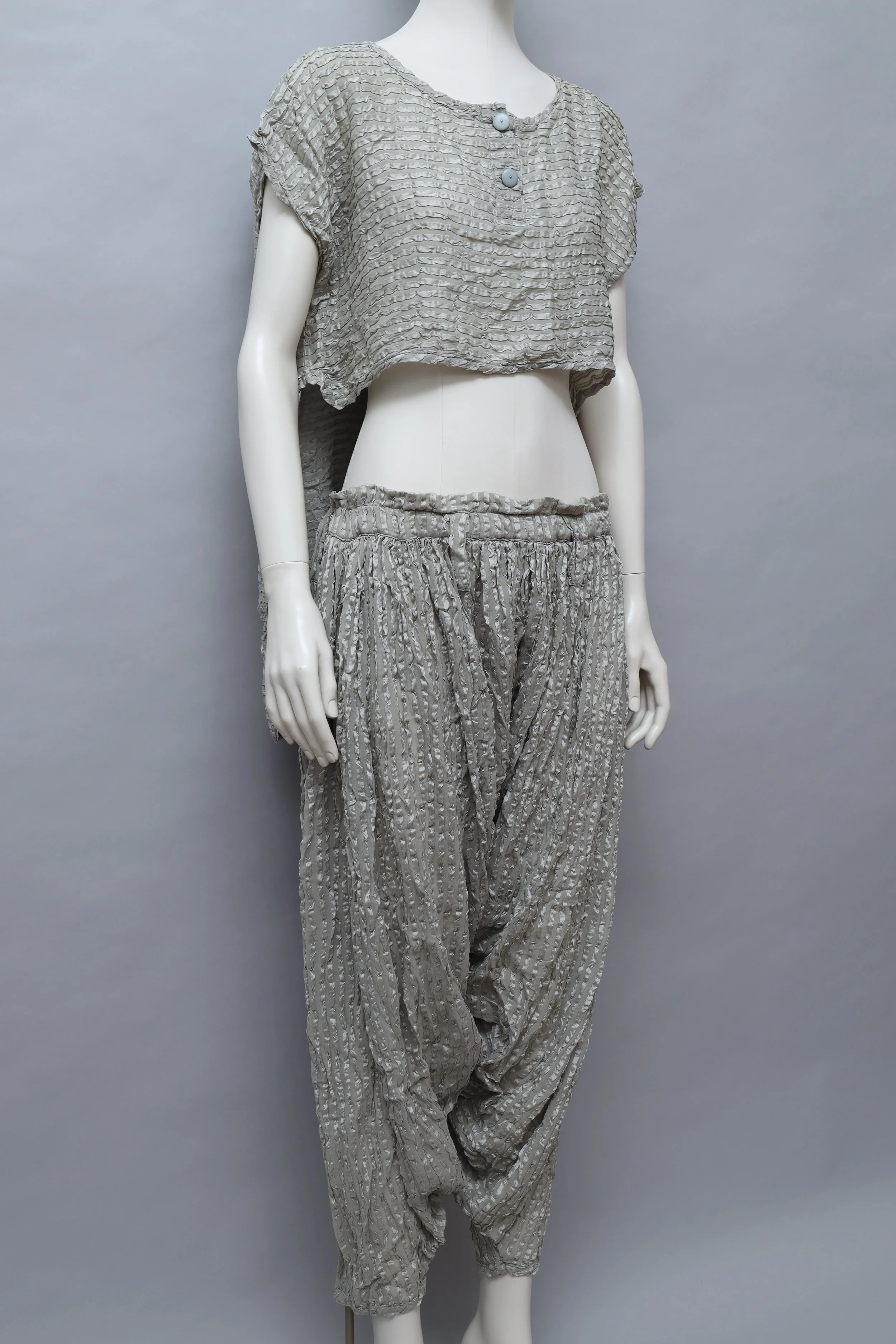 1980s Chantal Thomass gray crinkled silk top and balloon pant ensemble