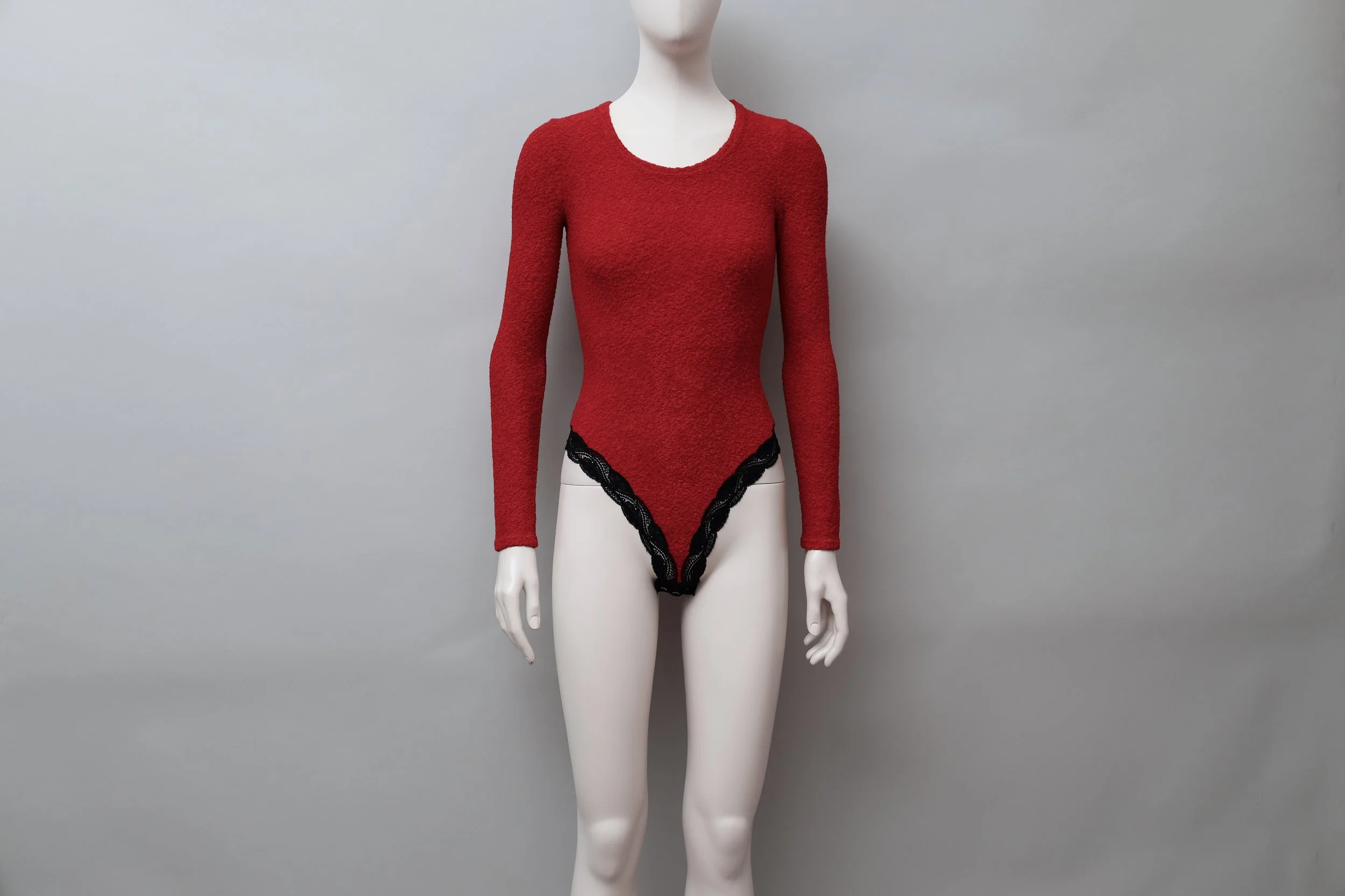 1990s Georges Rech red terry and black lace trim bodysuit