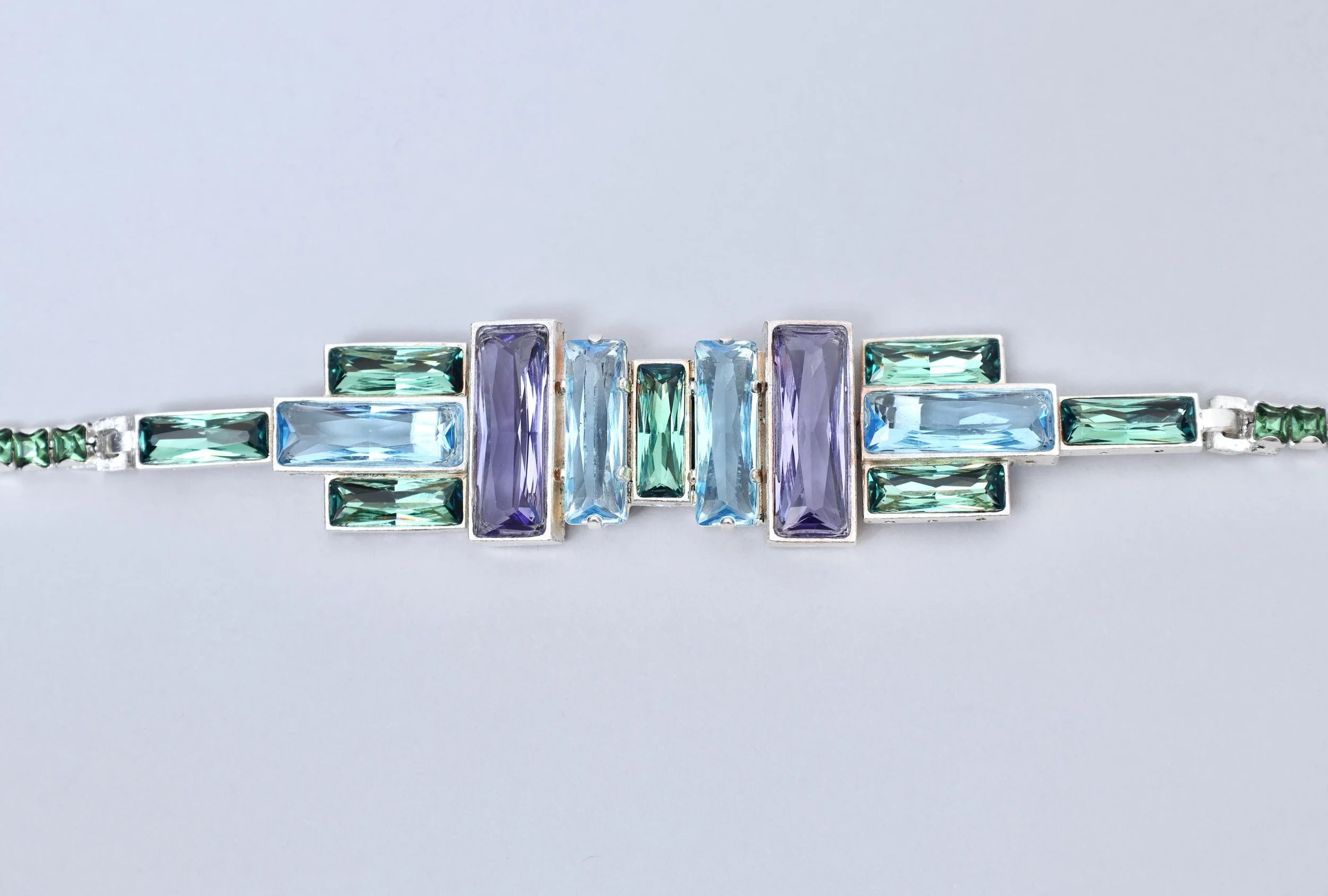 2000s Jean Paul Gaultier blue and green art deco crystal belt