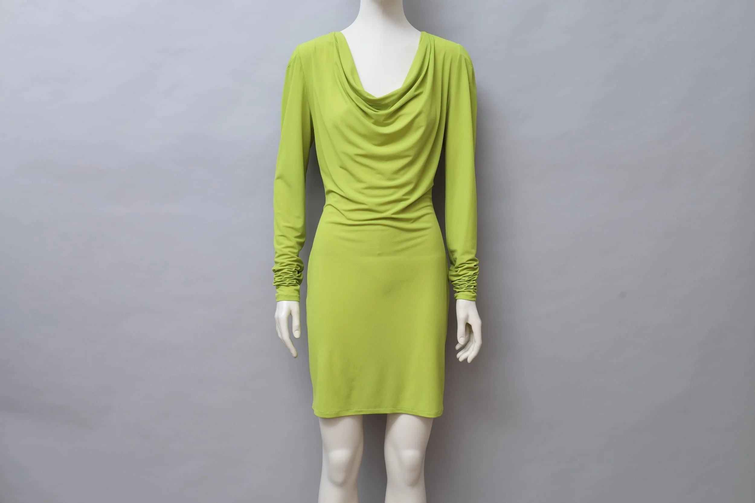 1980s Norma Kamali chartreuse green ruched stretch chiffon dress