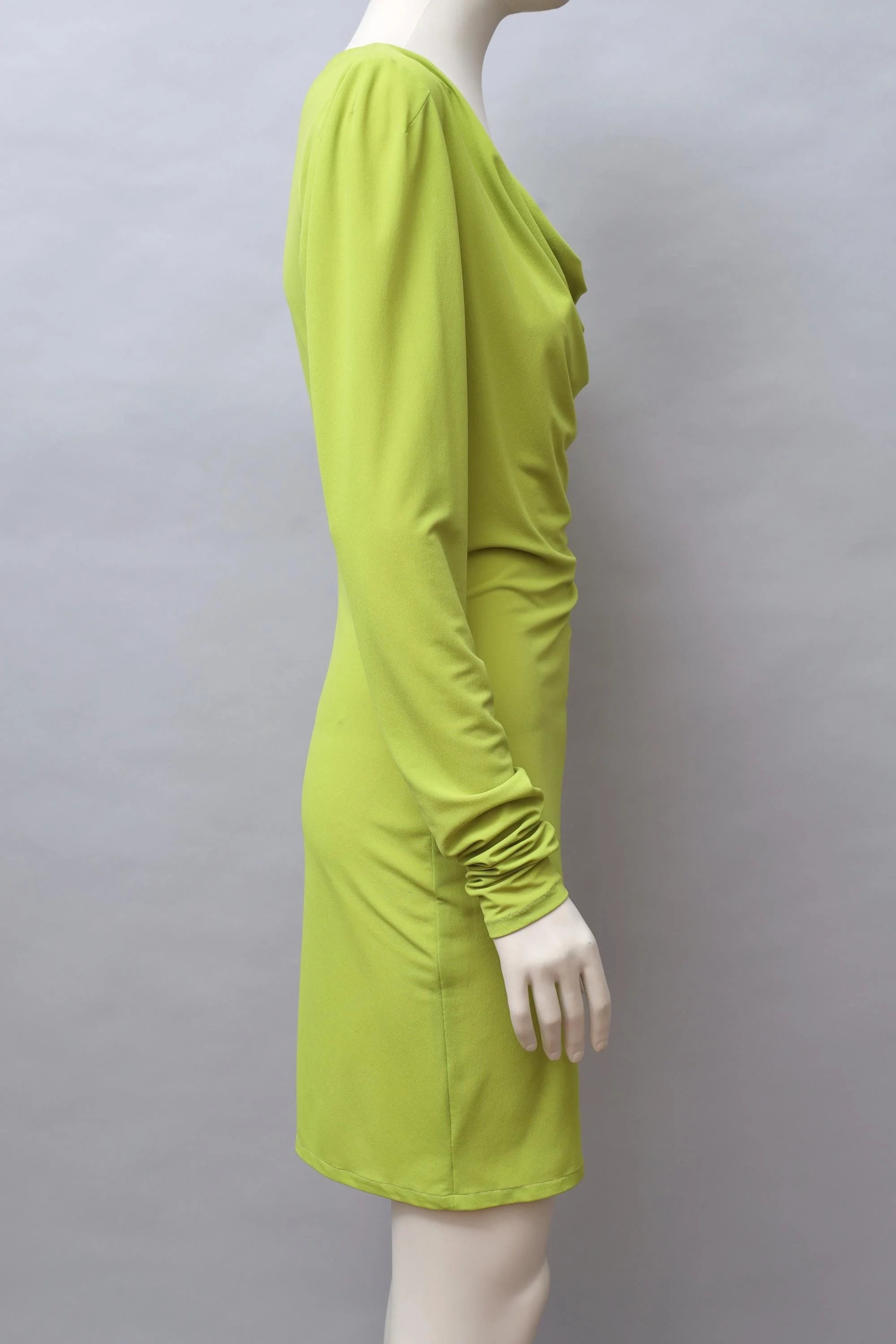late 1980s Norma Kamali chartreuse green ruched stretch chiffon dress