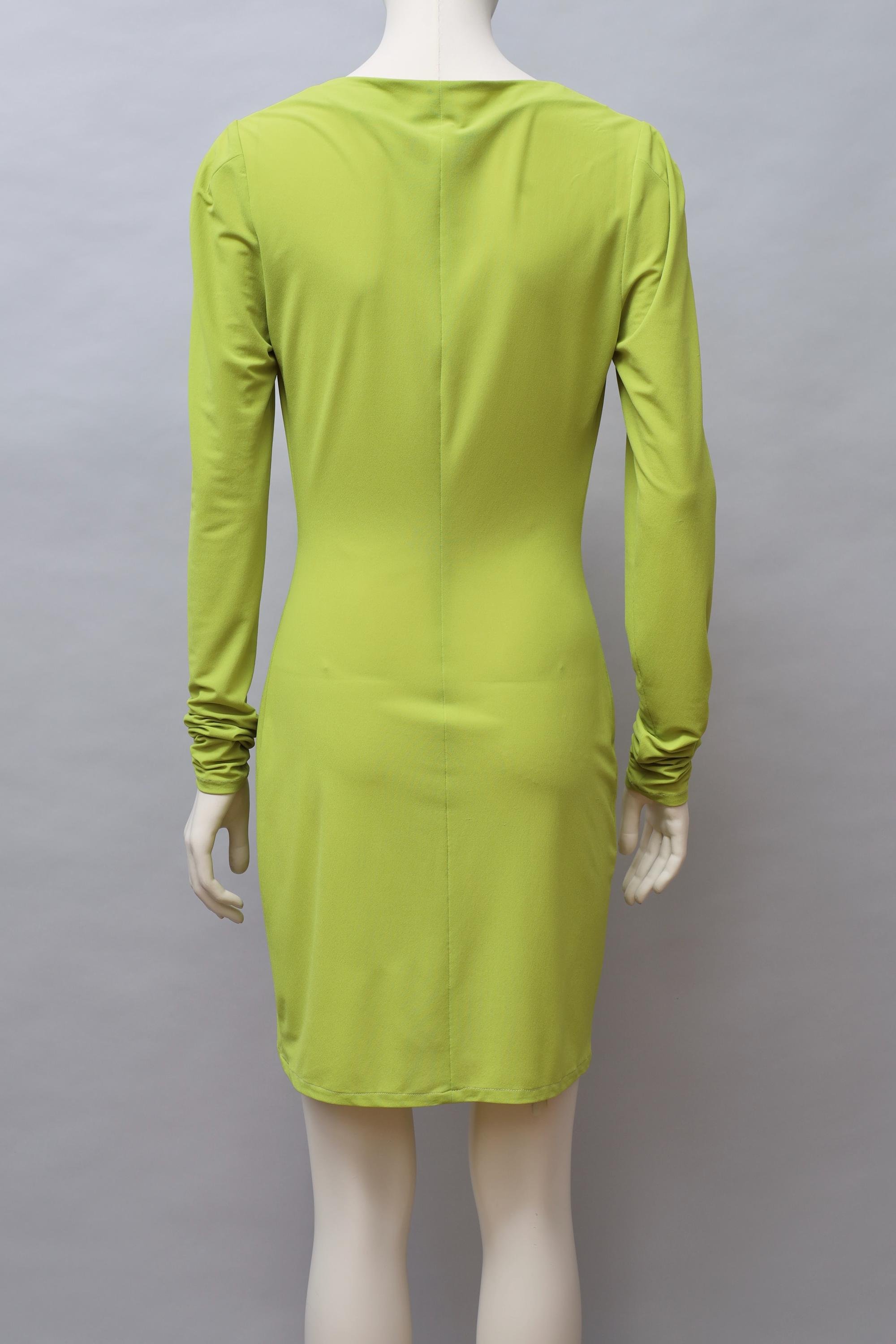 late 1980s Norma Kamali chartreuse green ruched stretch chiffon dress