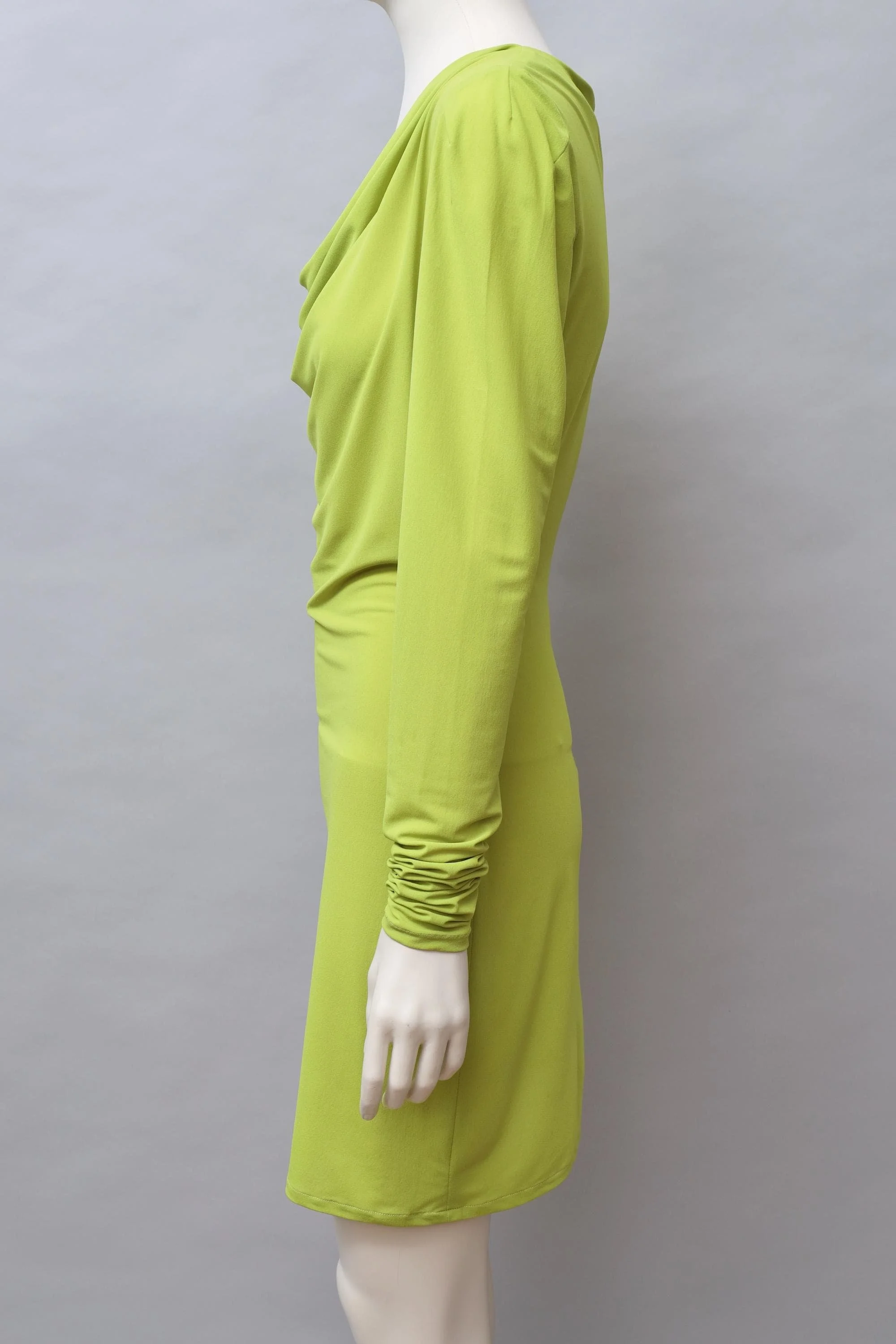 late 1980s Norma Kamali chartreuse green ruched stretch chiffon dress