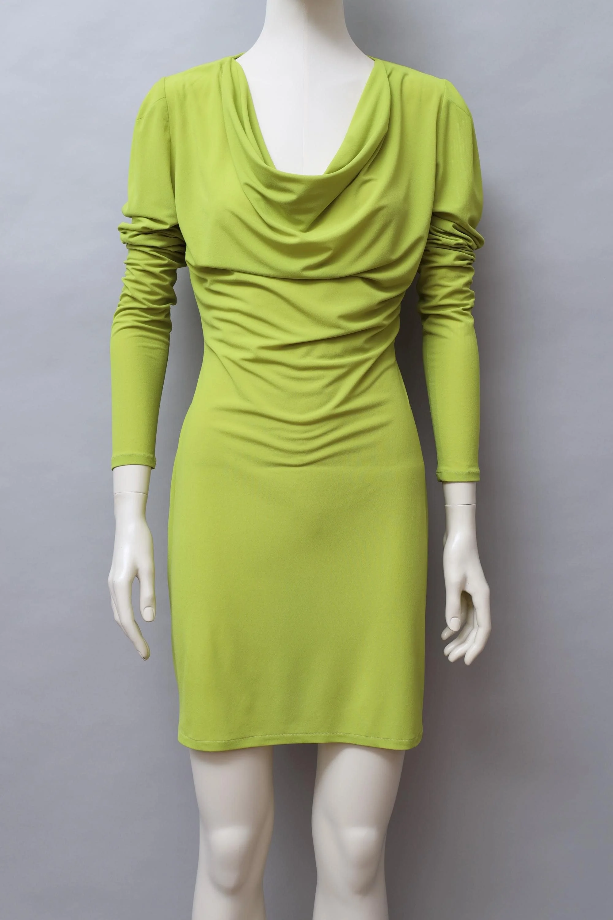 late 1980s Norma Kamali chartreuse green ruched stretch chiffon dress