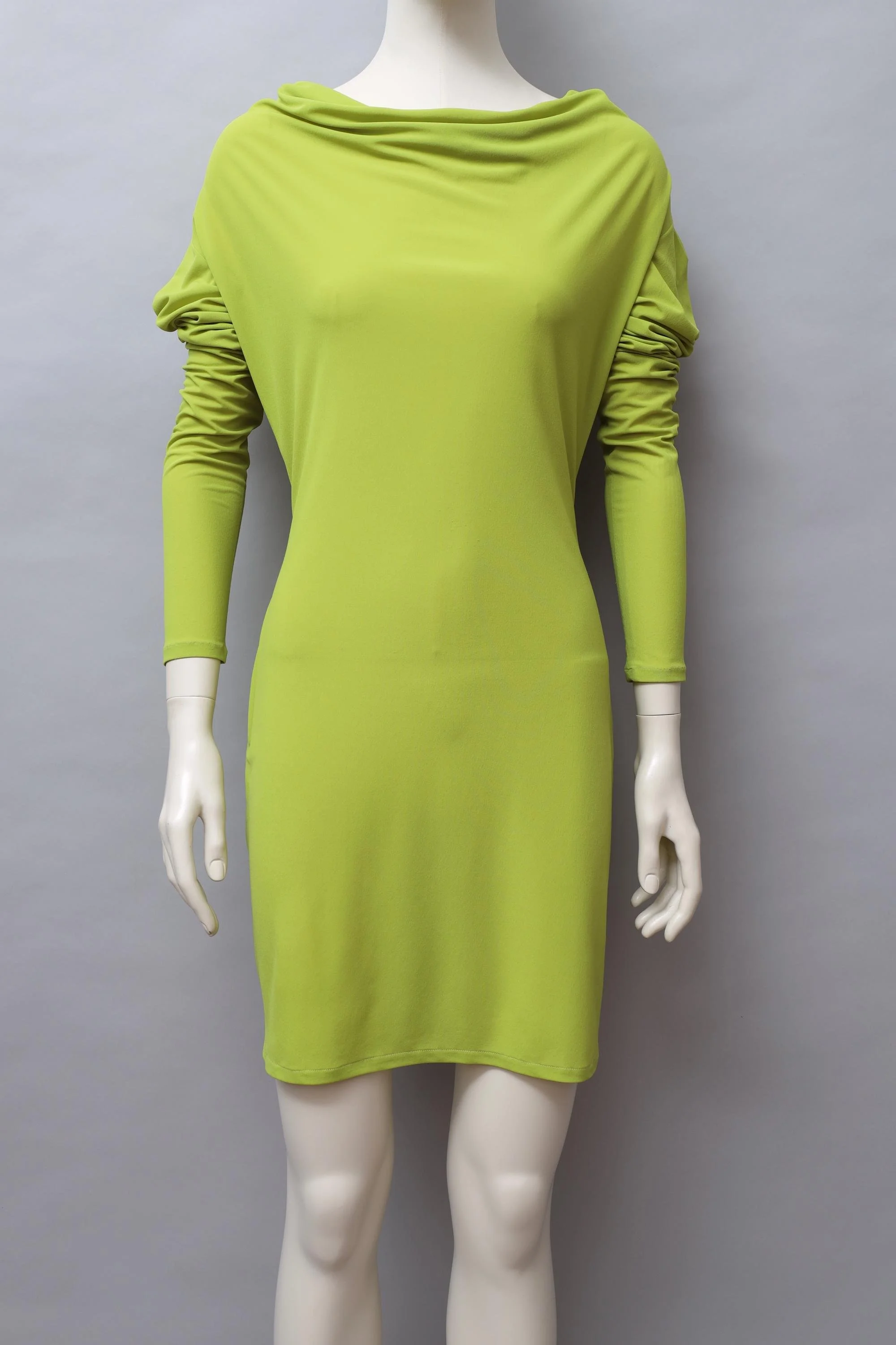 late 1980s Norma Kamali chartreuse green ruched stretch chiffon dress