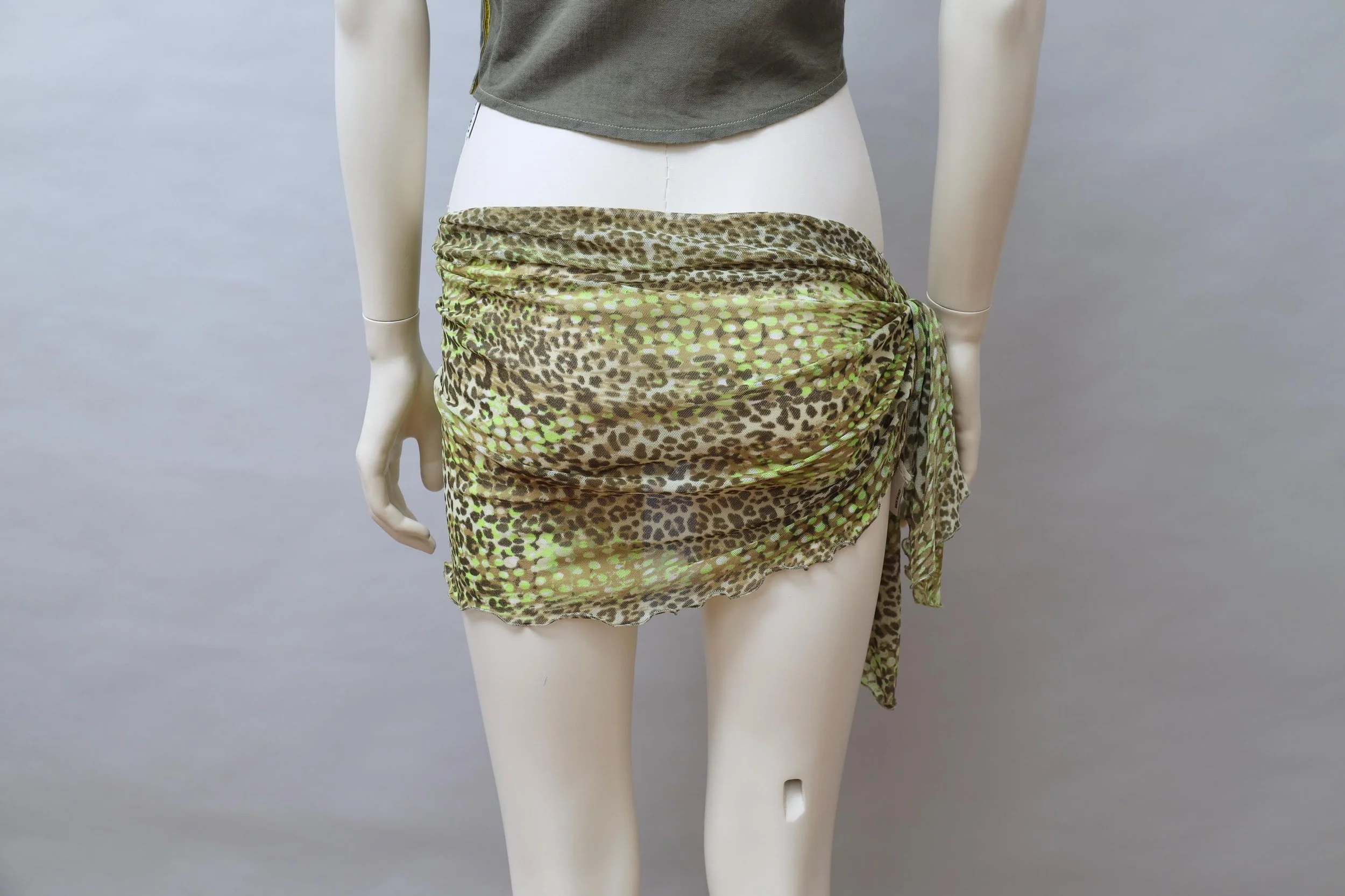 2000s Occhi Verdi green mesh cyber polka dot and leopard cover up skirt