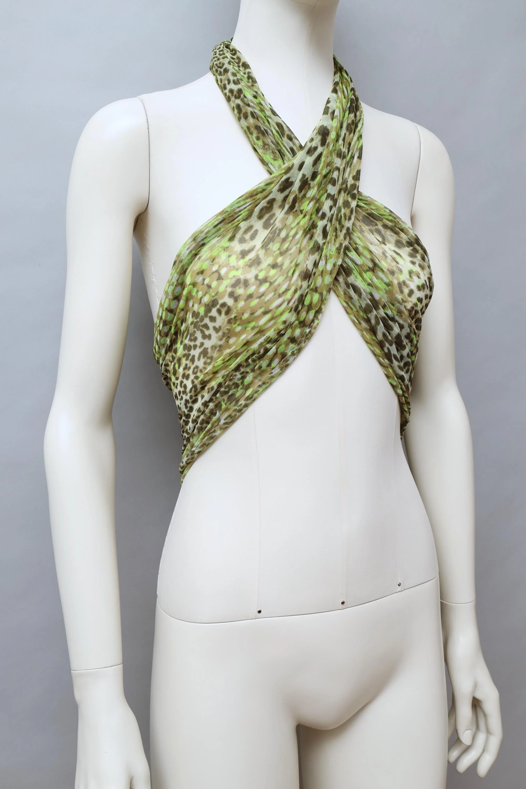 2000s Occhi Verdi green mesh cyber polka dot and leopard cover up top