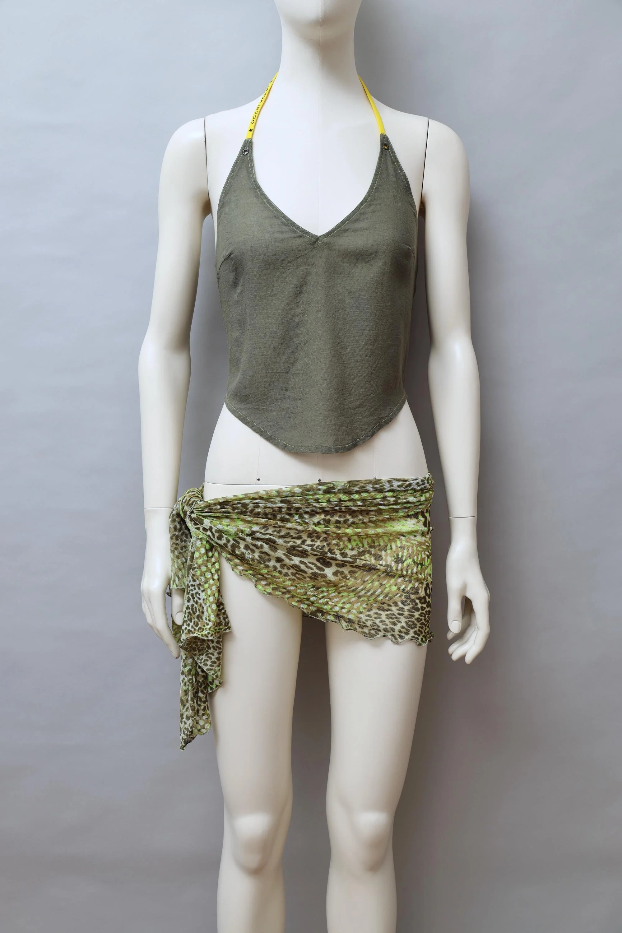 2000s Occhi Verdi green mesh cyber polka dot and leopard cover up skirt