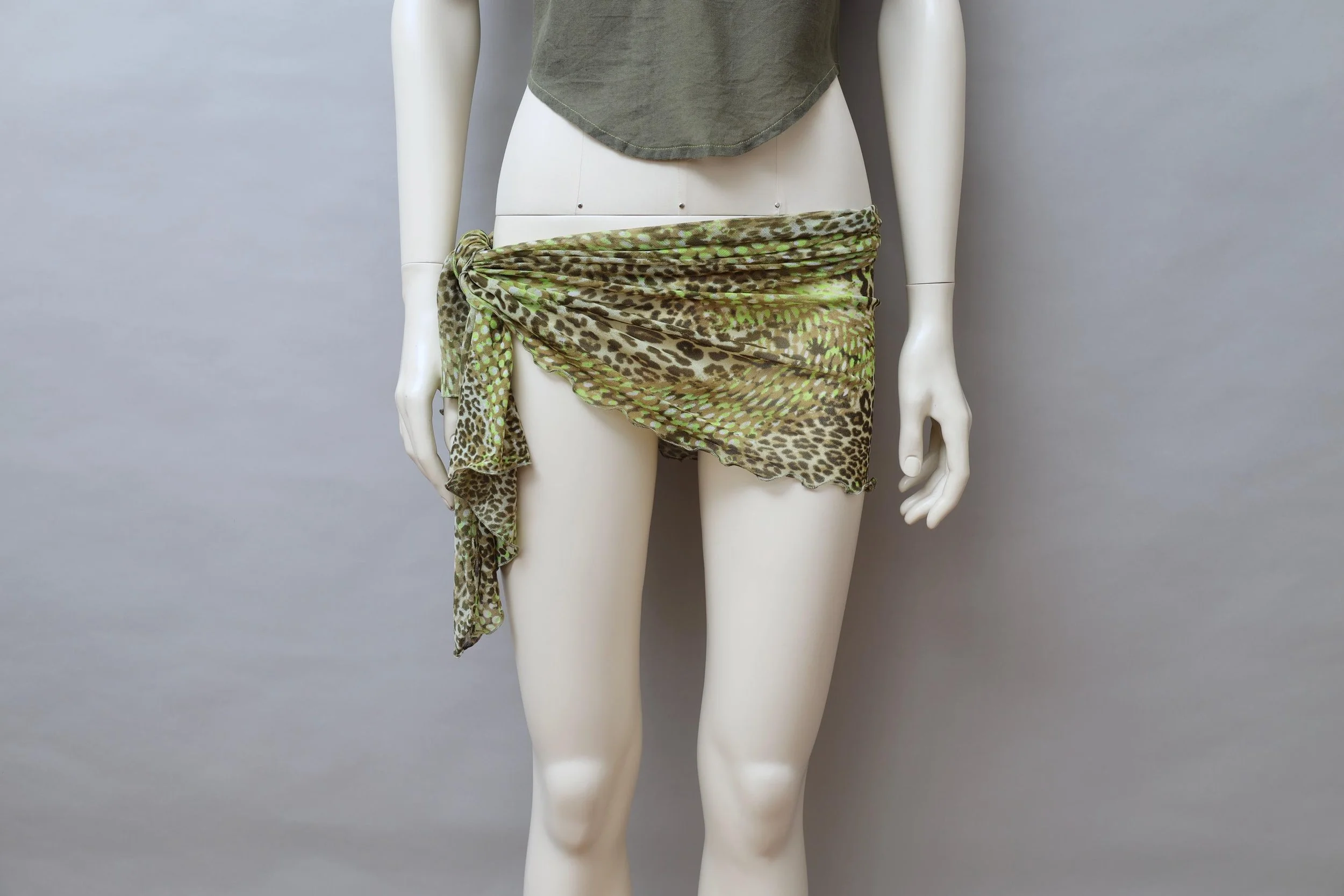 2000s Occhi Verdi green mesh cyber polka dot and leopard cover up skirt