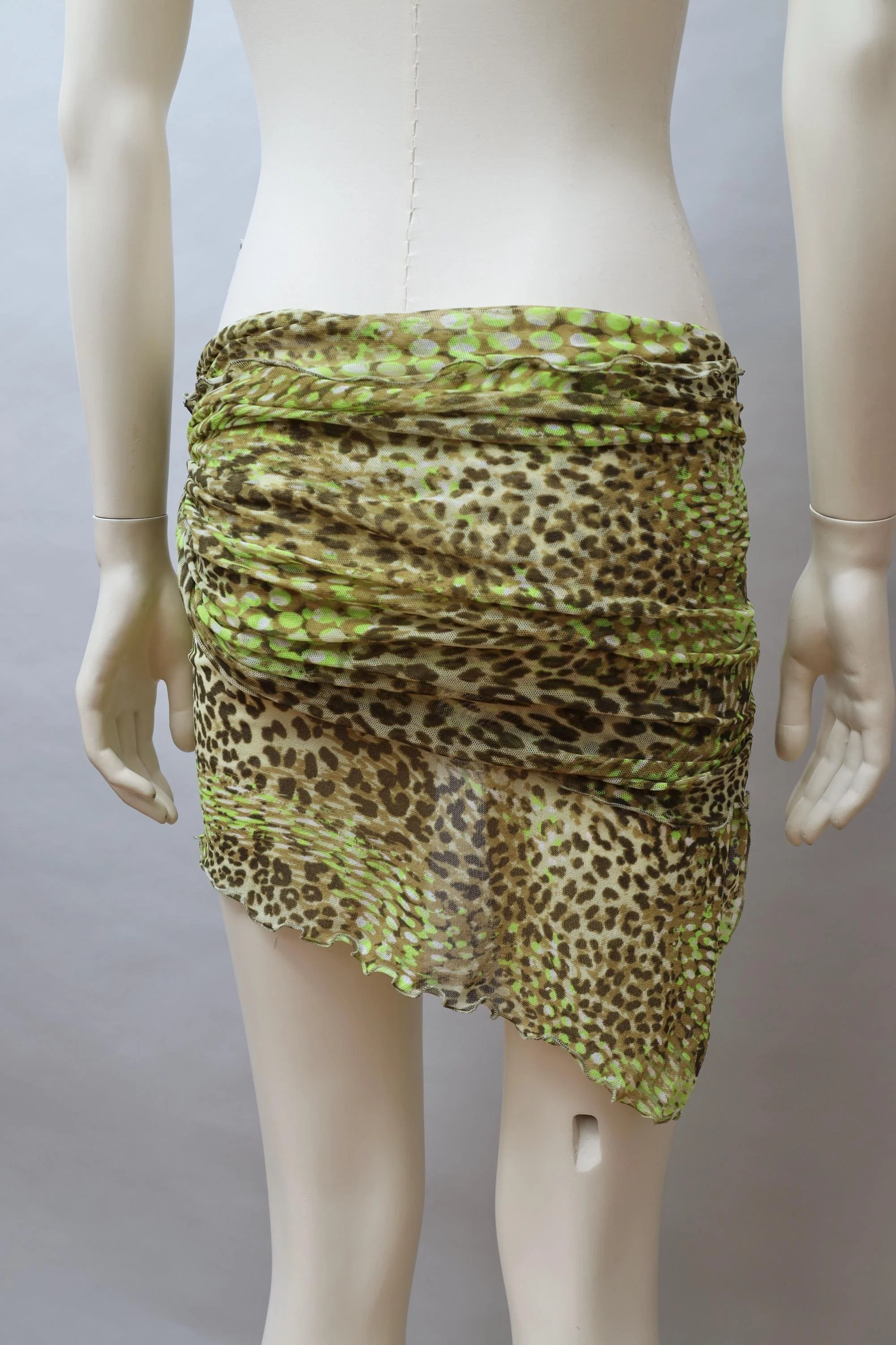 2000s Occhi Verdi green mesh cyber polka dot and leopard cover up ruched skirt