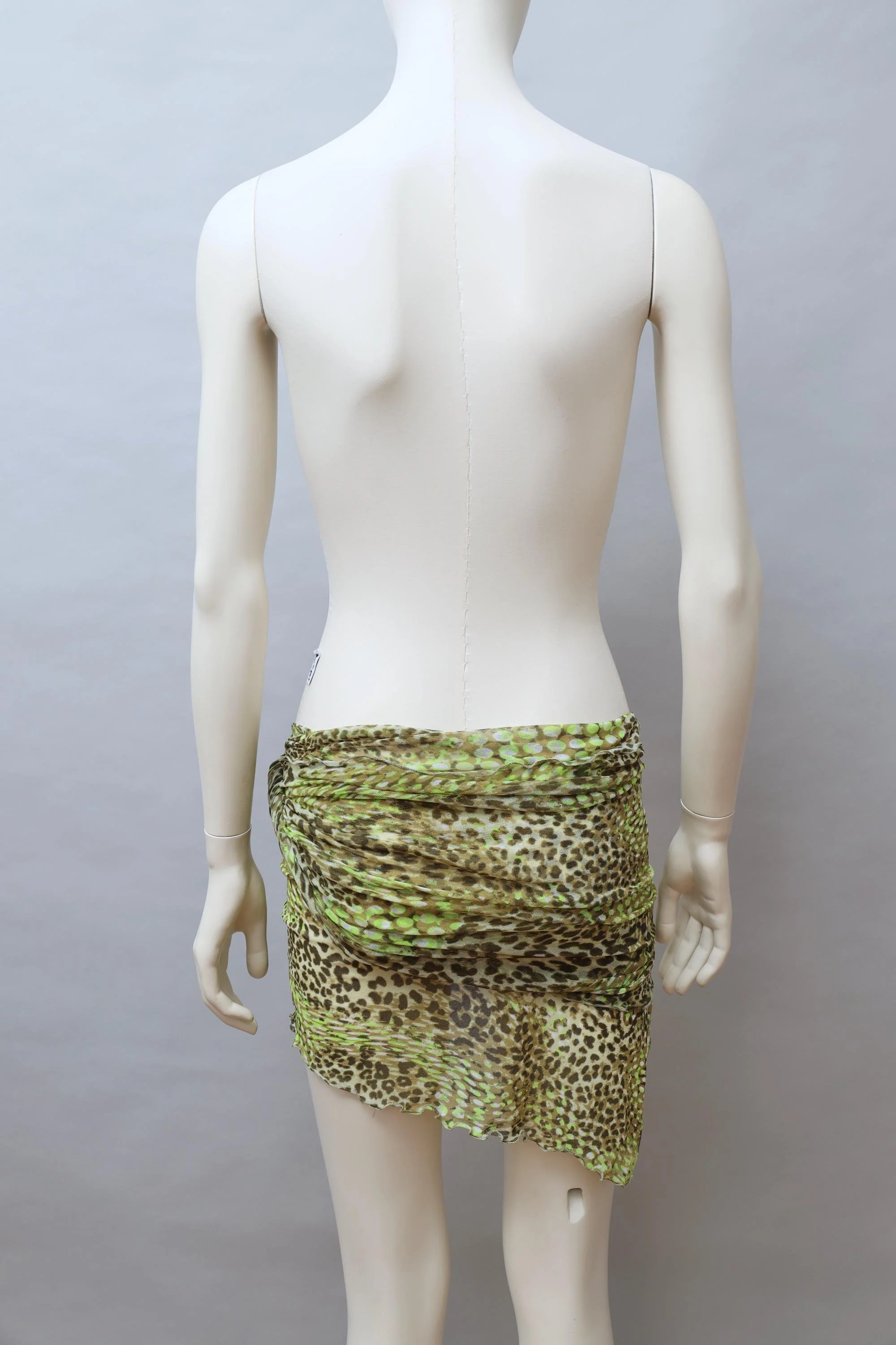 2000s Occhi Verdi green mesh cyber polka dot and leopard cover up ruched skirt