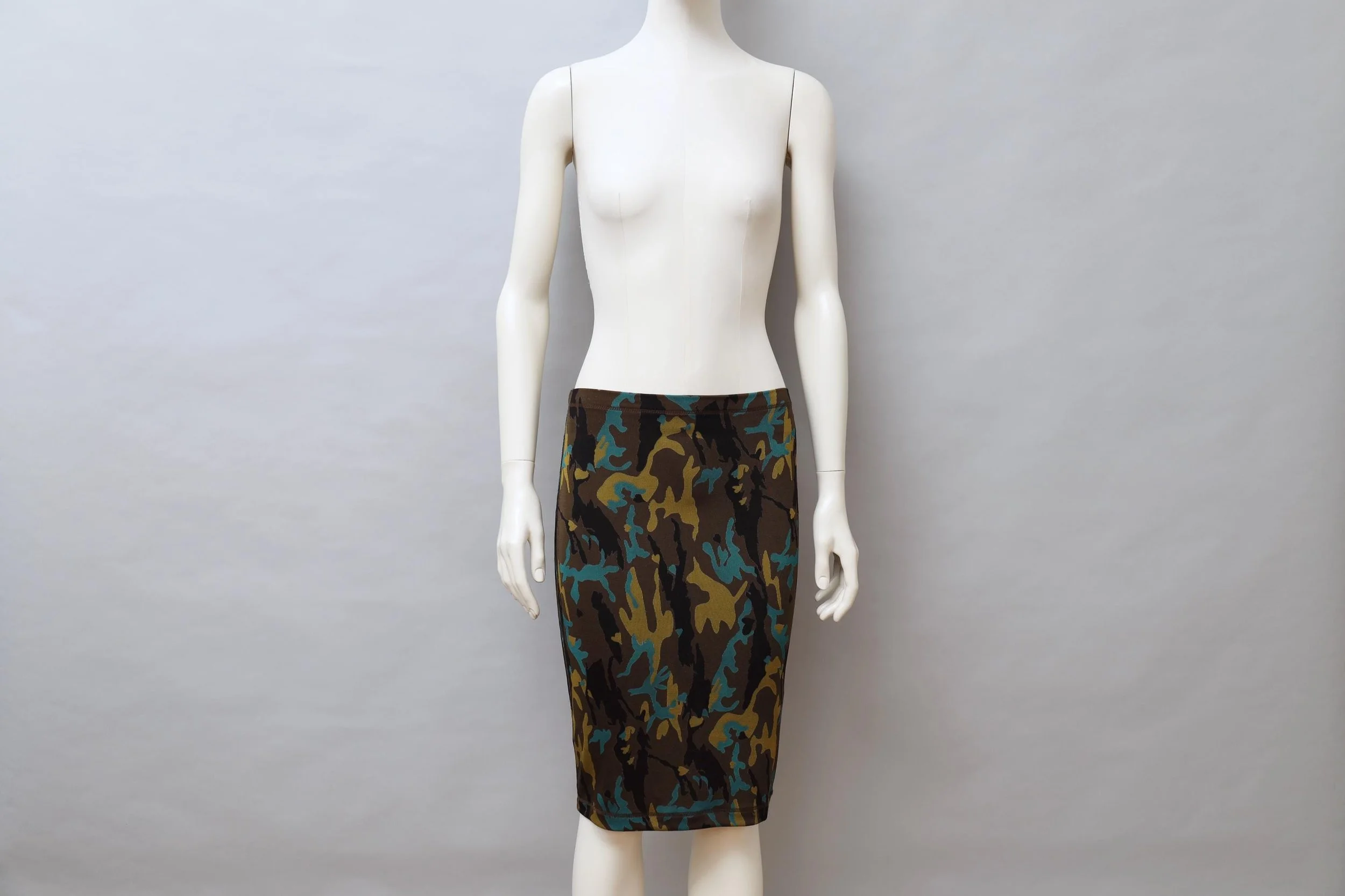 F/W 1989 Junior Gaultier green camouflage pencil skirt