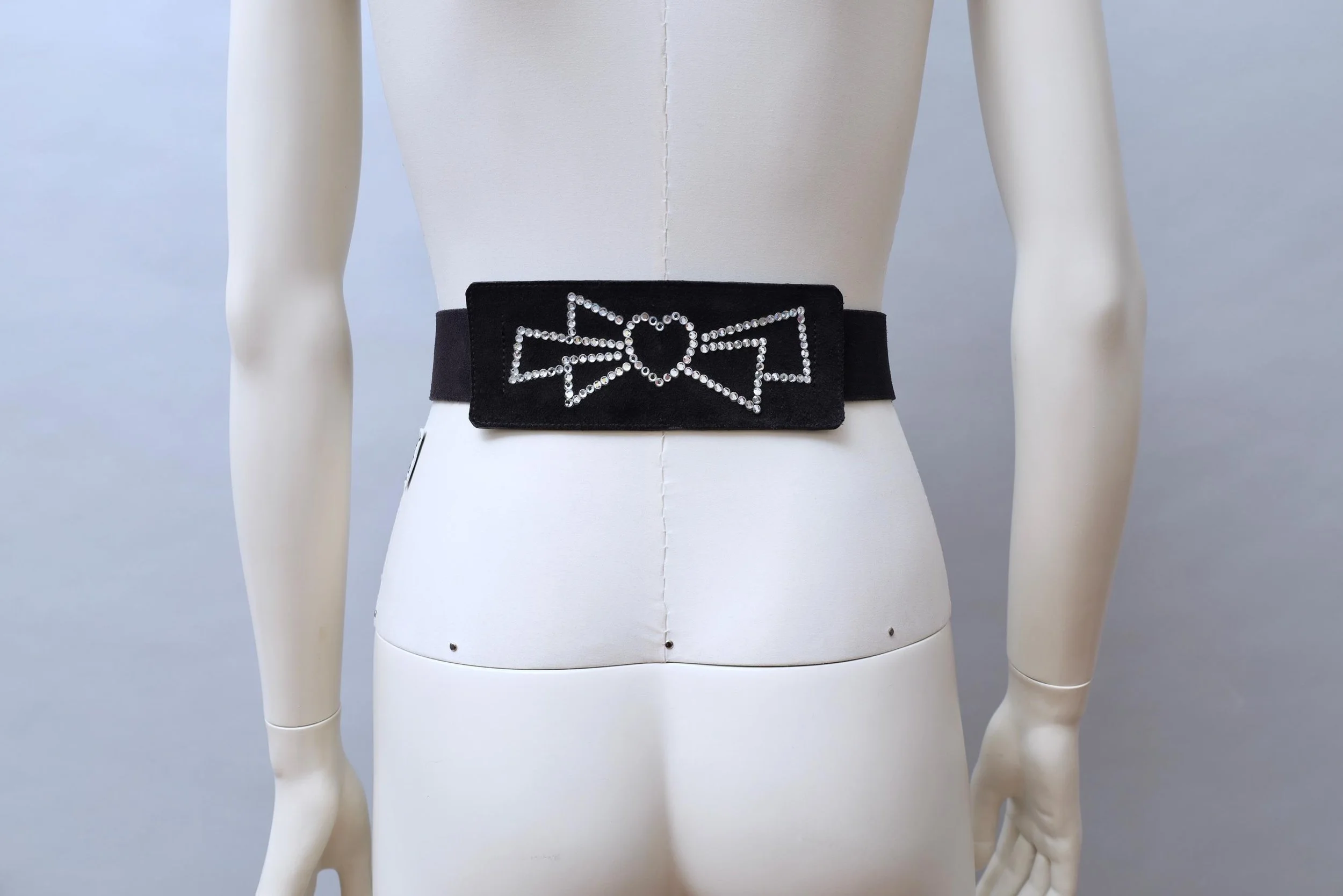 S/S 1983 Sonia Rykiel black suede rhinestone heart bow belt