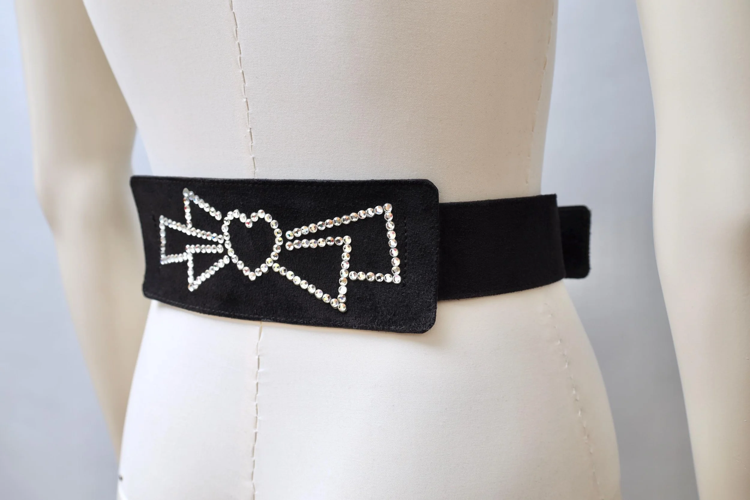 S/S 1983 Sonia Rykiel black suede rhinestone heart bow belt