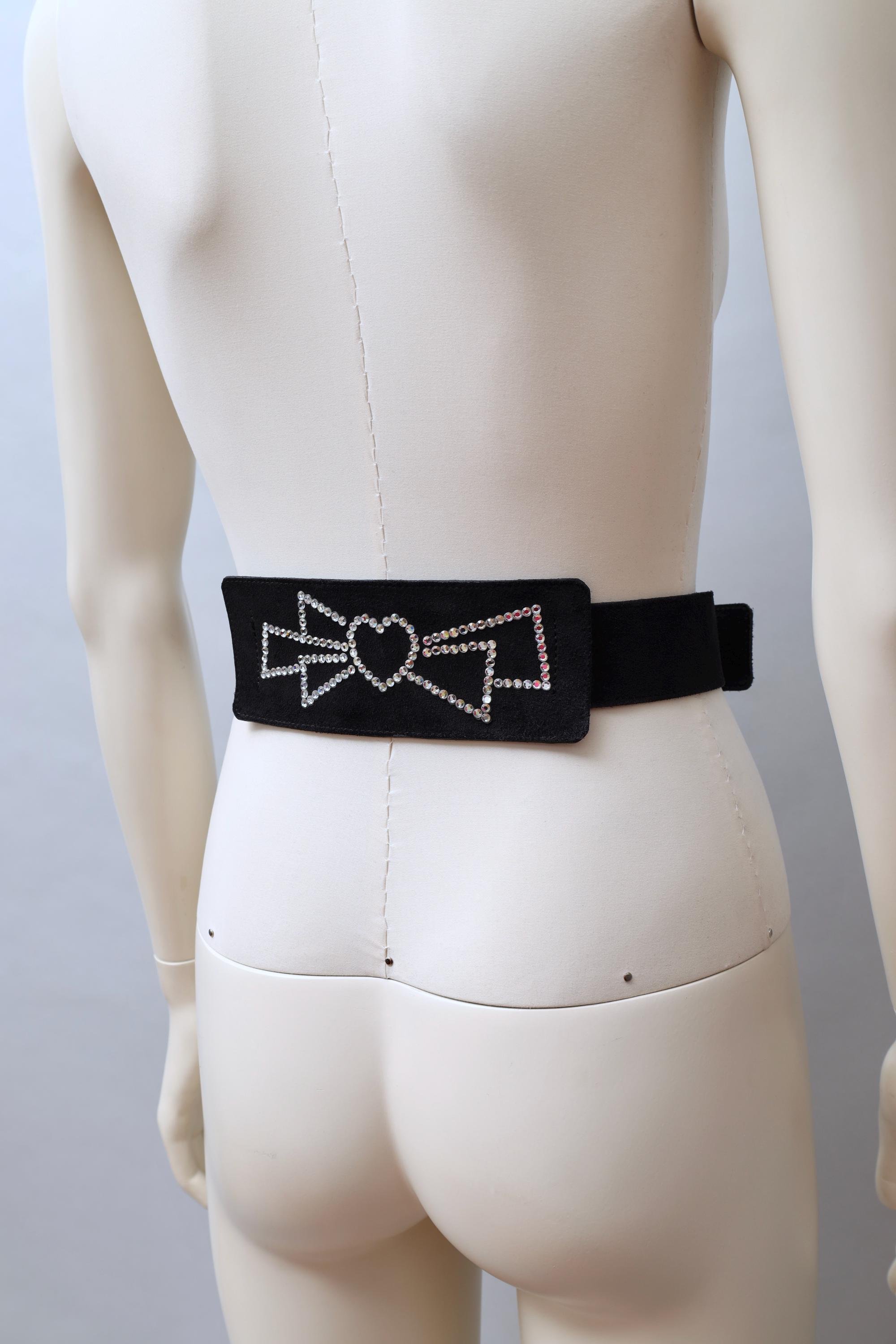 S/S 1983 Sonia Rykiel black suede rhinestone heart bow belt