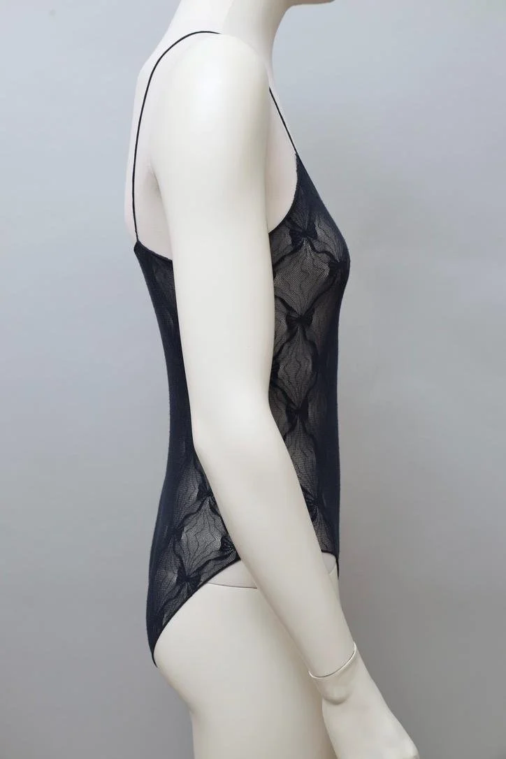 early 1980s Chantal Thomass Wolford dark blue floral lace bodysuit