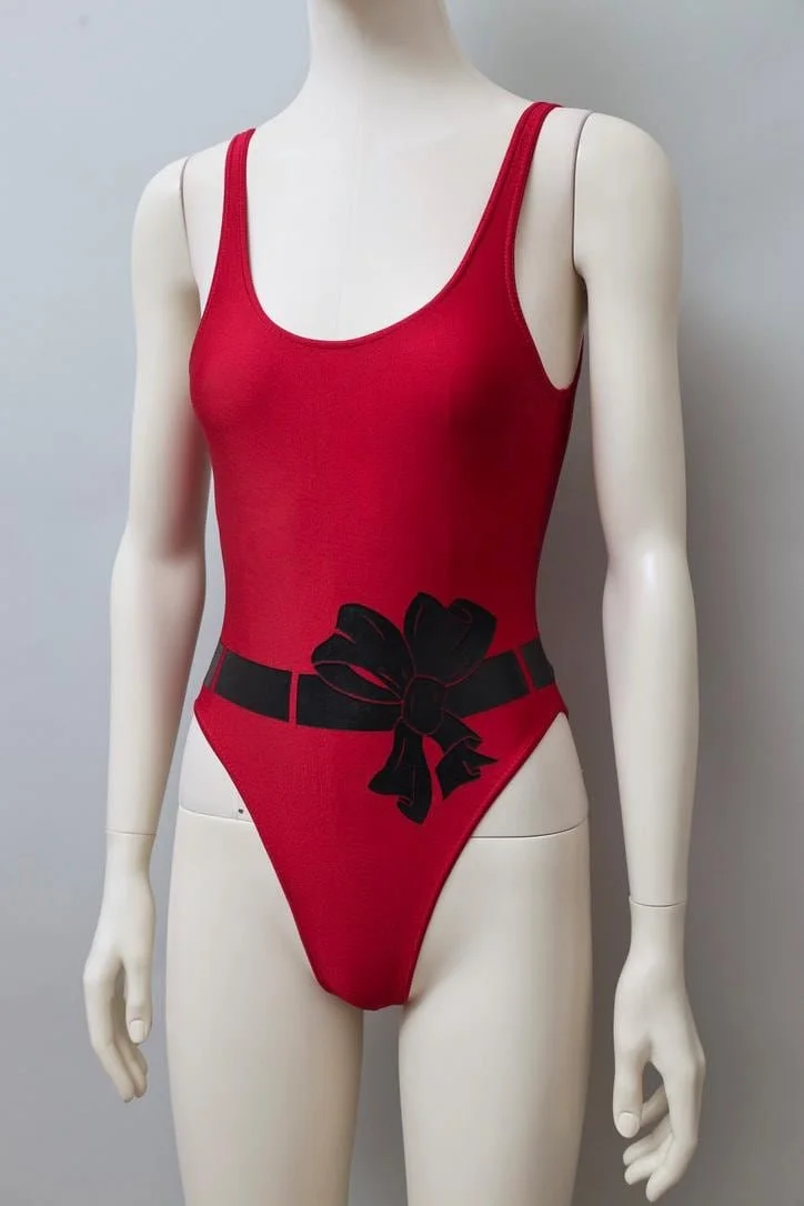 1980s Chantal Thomass red and black bow print swimsuit