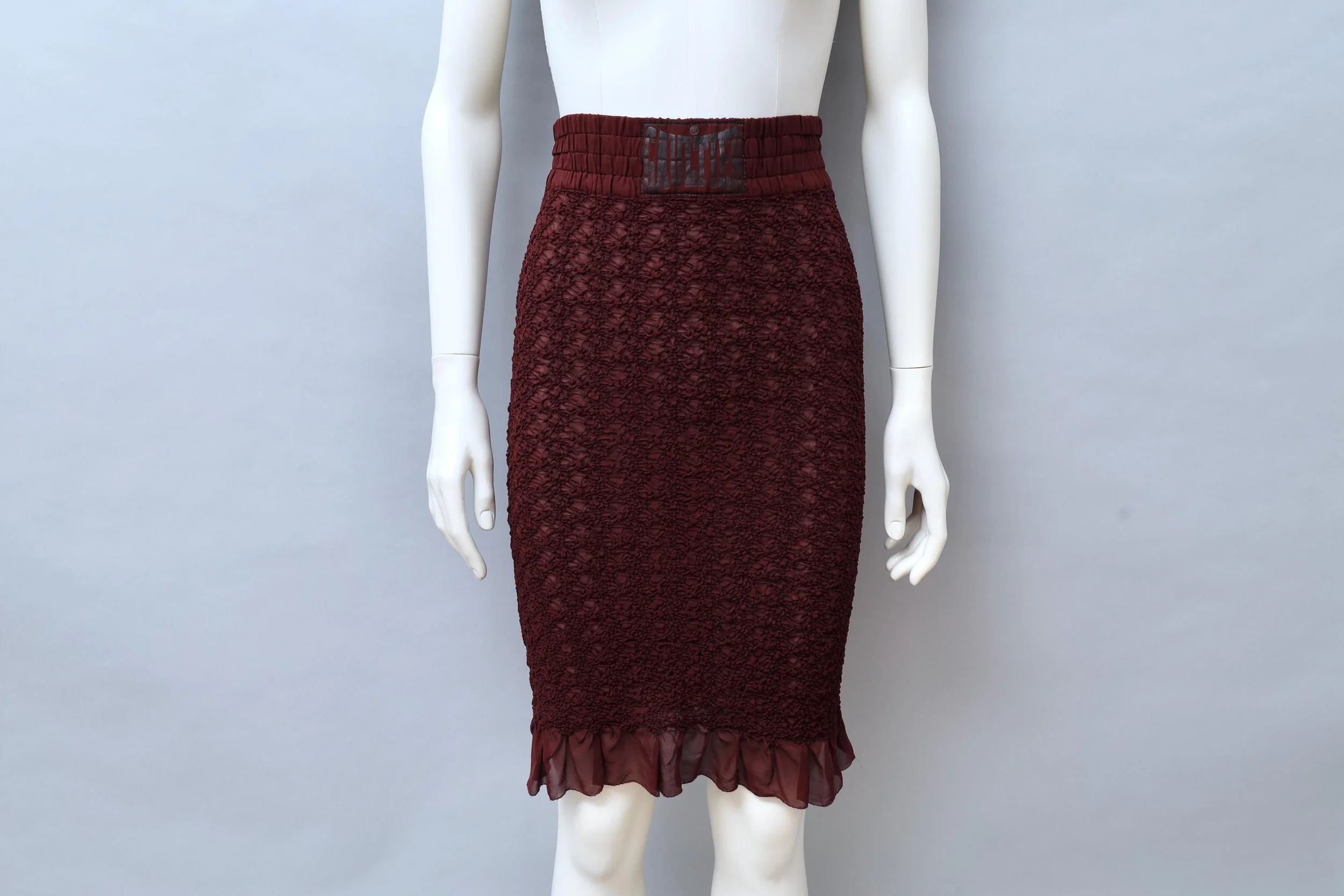 1990s Jean Paul Gaultier burgundy boxing smocked pencil skirt
