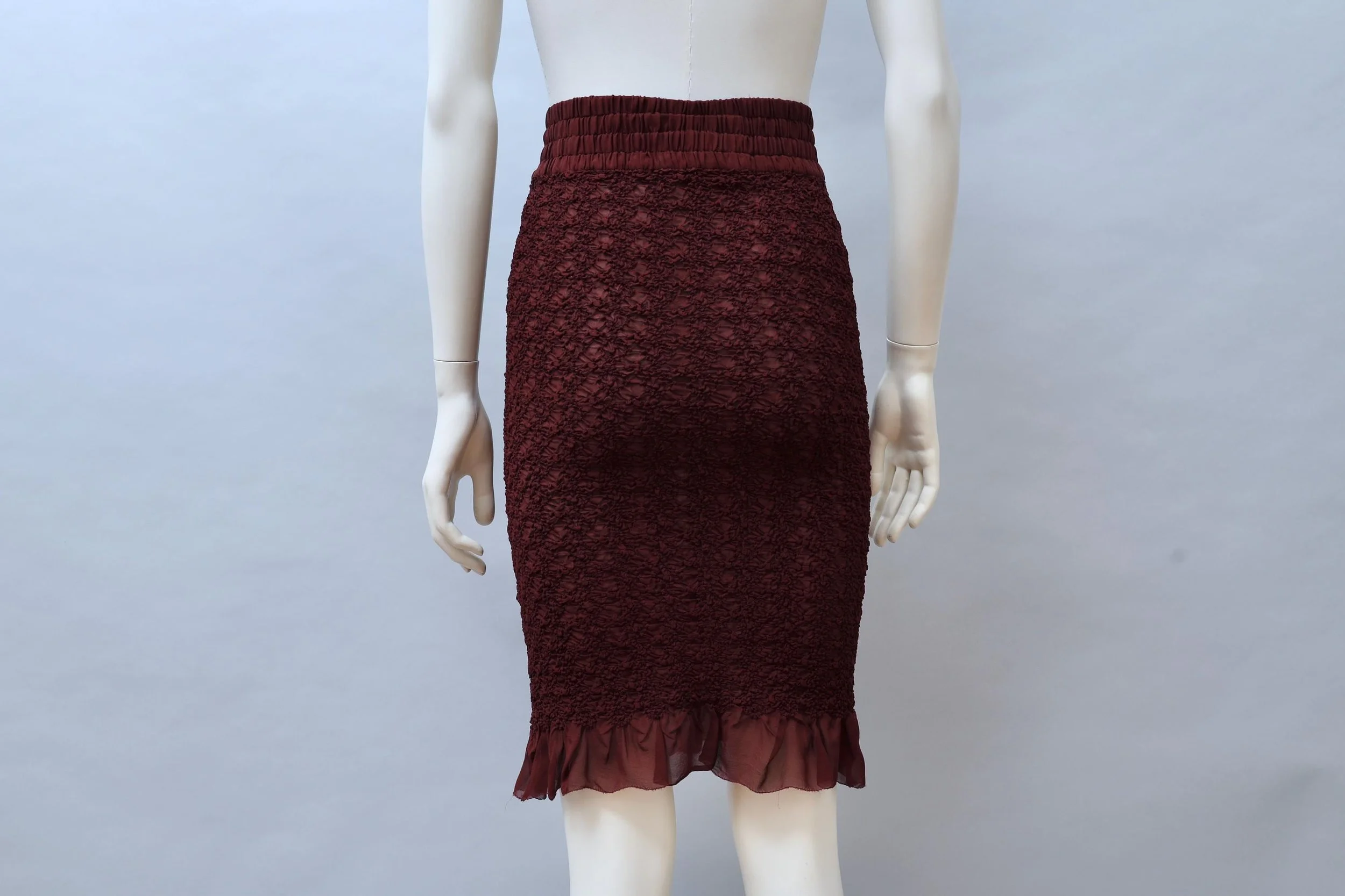 1990s Jean Paul Gaultier burgundy boxing smocked pencil skirt