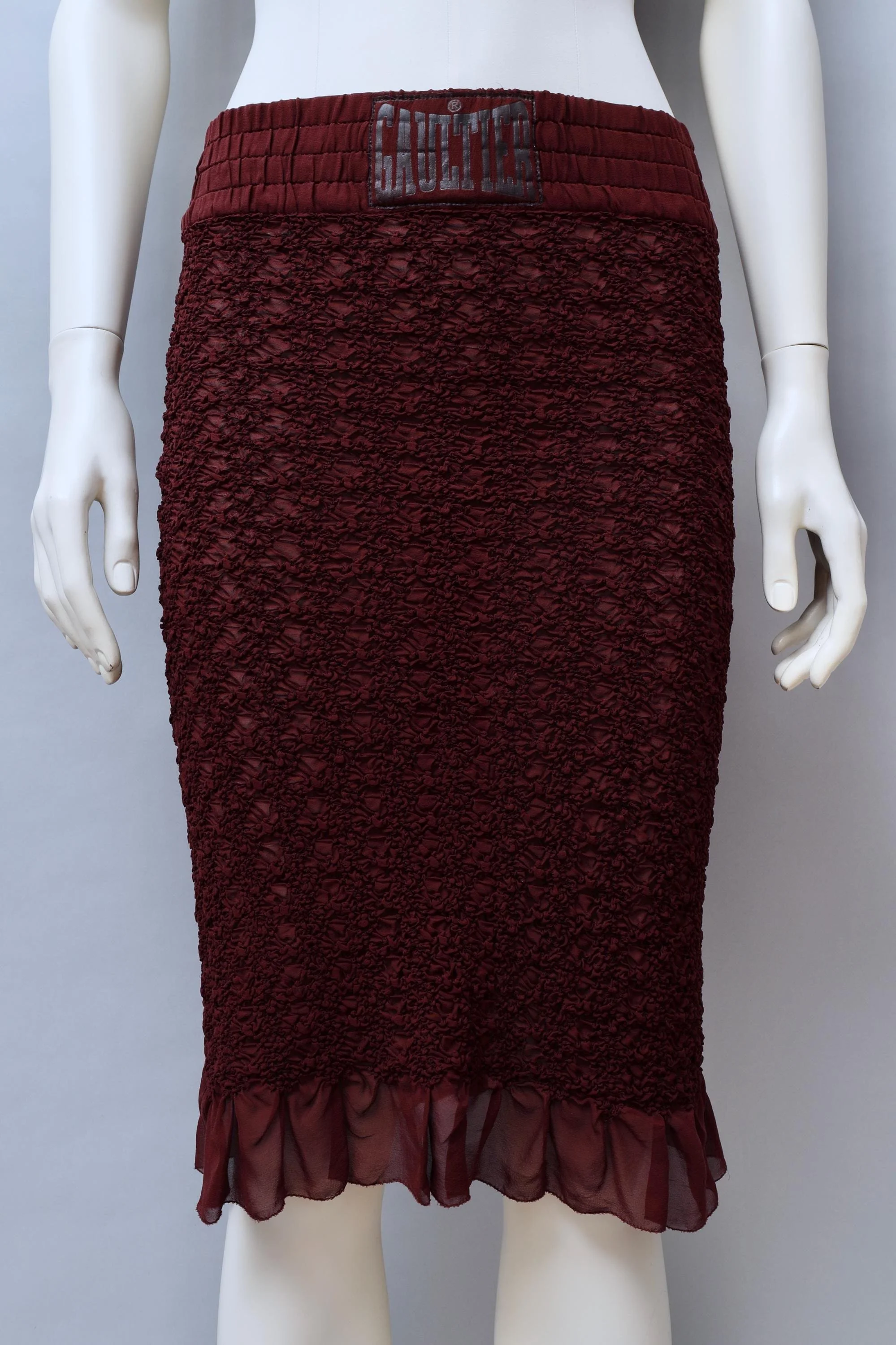 1990s Jean Paul Gaultier burgundy boxing smocked pencil skirt