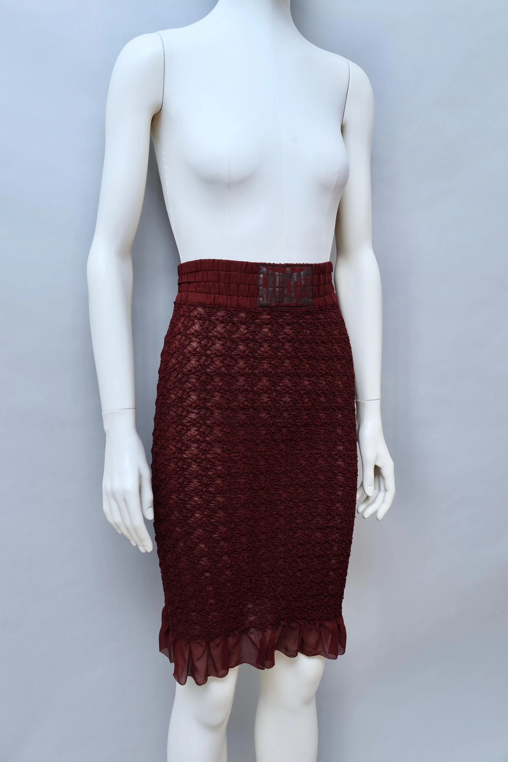 1990s Jean Paul Gaultier burgundy boxing smocked pencil skirt