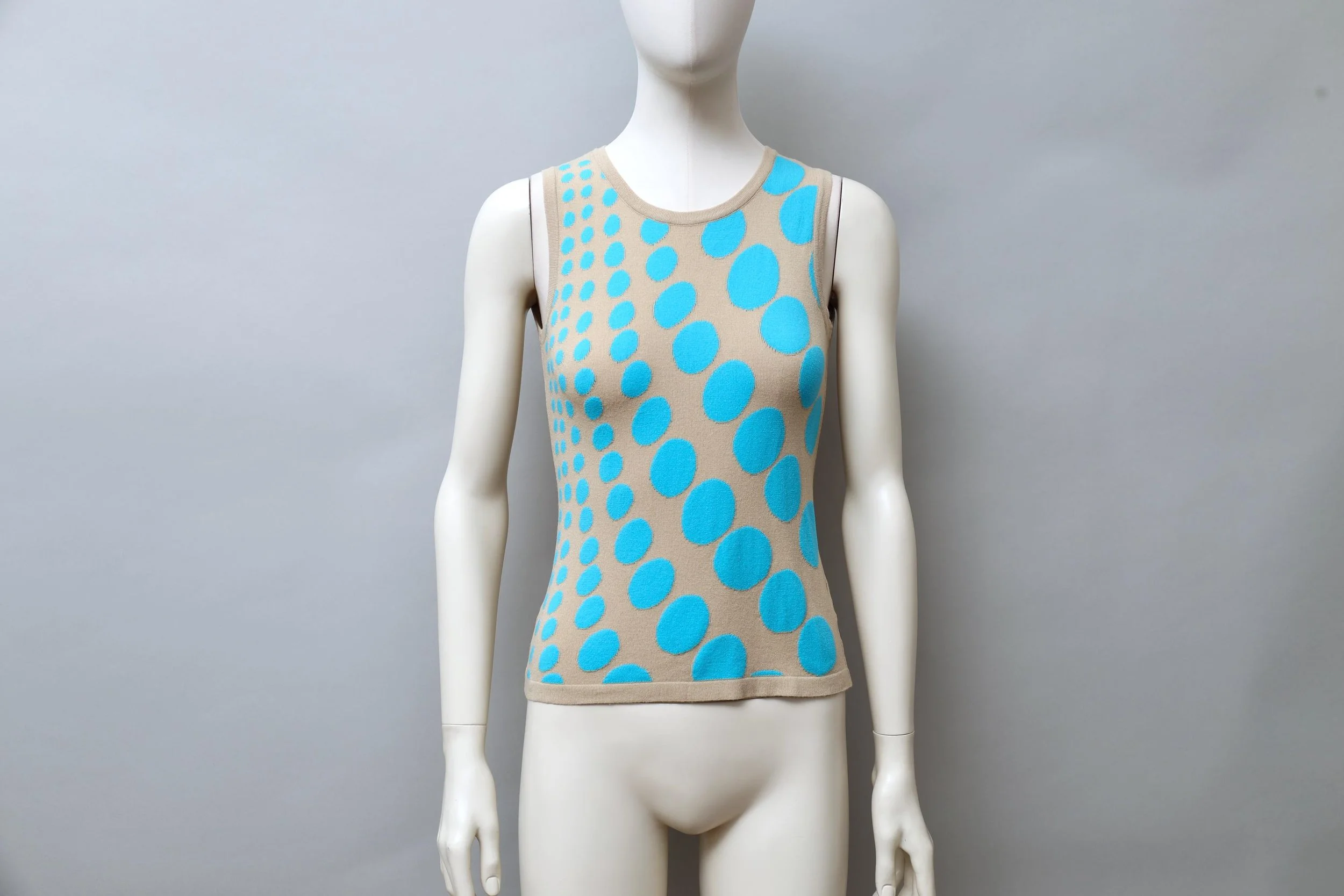 1990s George Rech turquoise and beige cyber dot stretch knit top