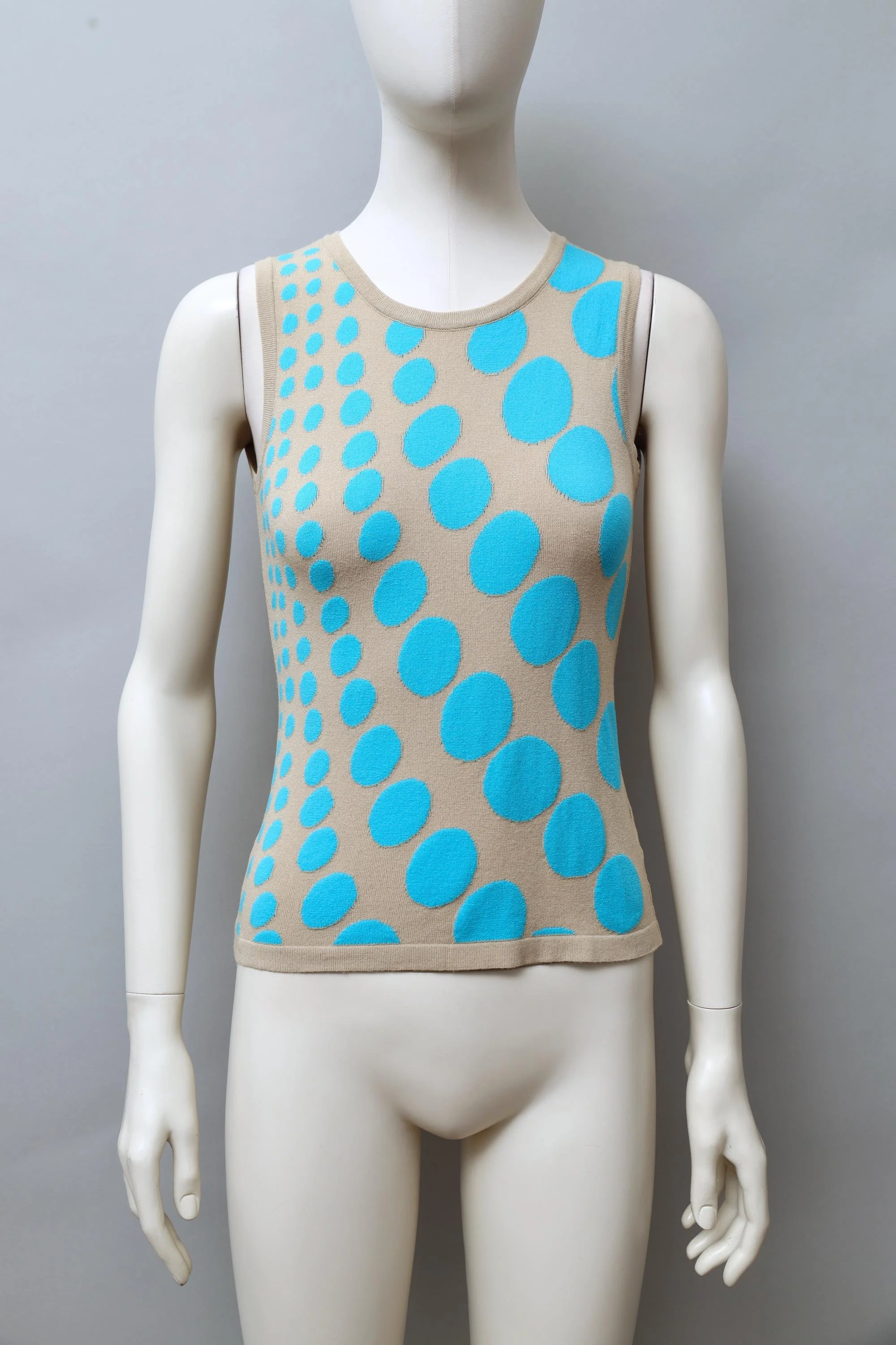 1990s George Rech turquoise and beige cyber dot stretch knit top