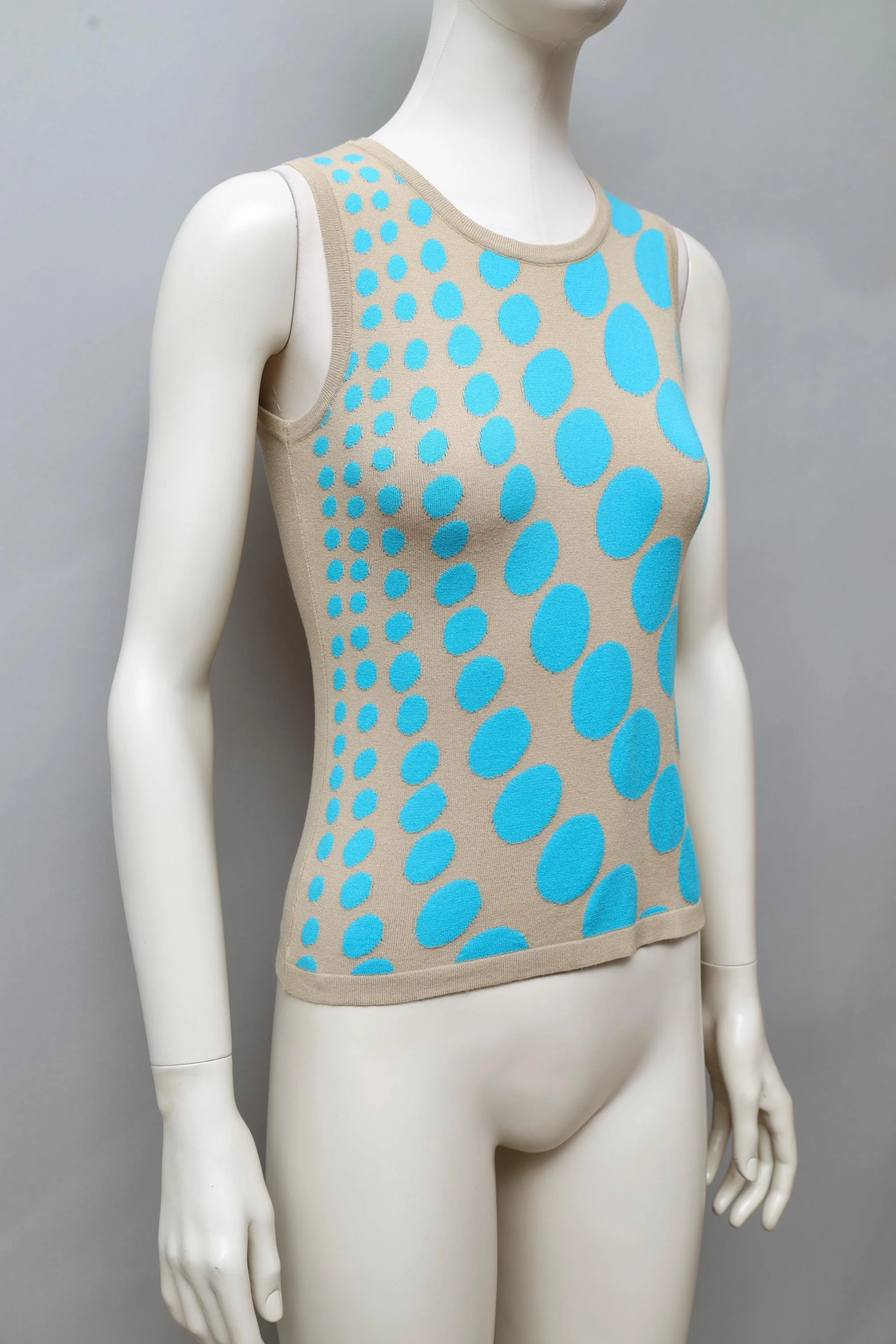 1990s George Rech turquoise and beige cyber dot stretch knit top