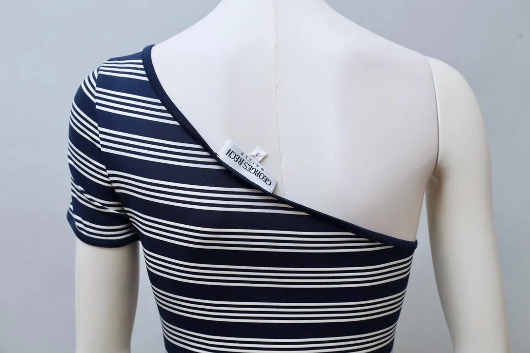 1990s George Rech navy striped asymmetrical one sleeve top