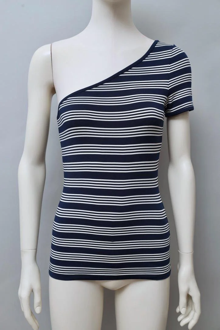 1990s George Rech navy striped asymmetrical one sleeve top