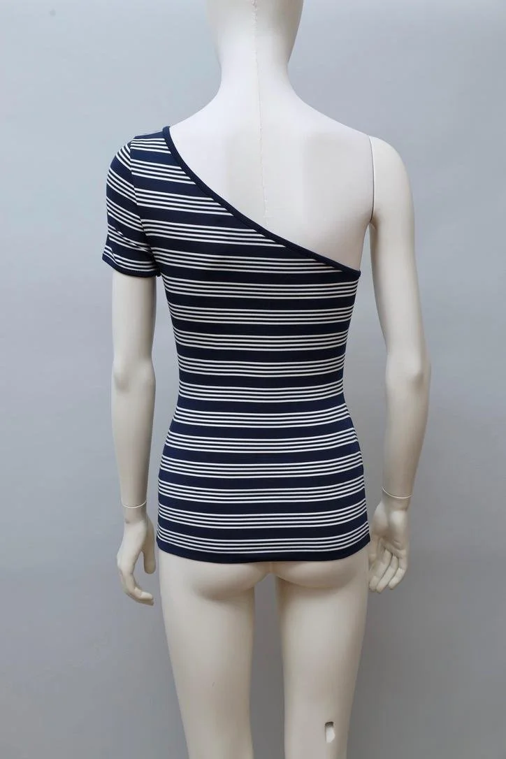1990s George Rech navy striped asymmetrical one sleeve top