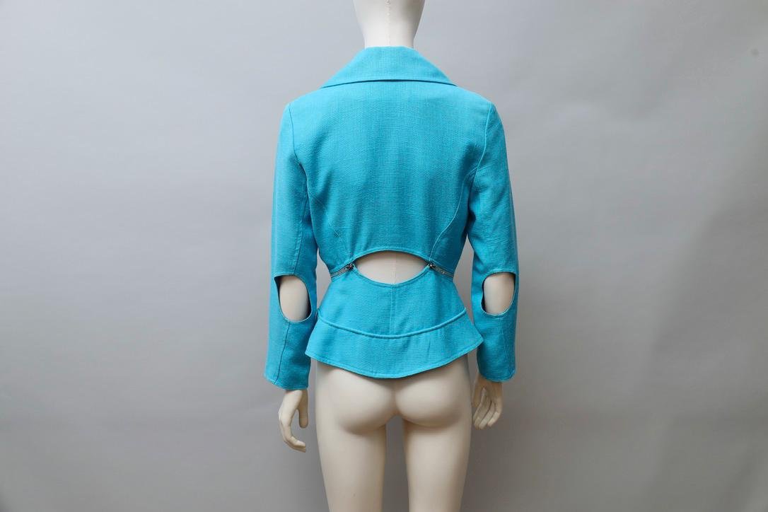 1980s Tramway Paris turquoise cut-out blazer with side zipper