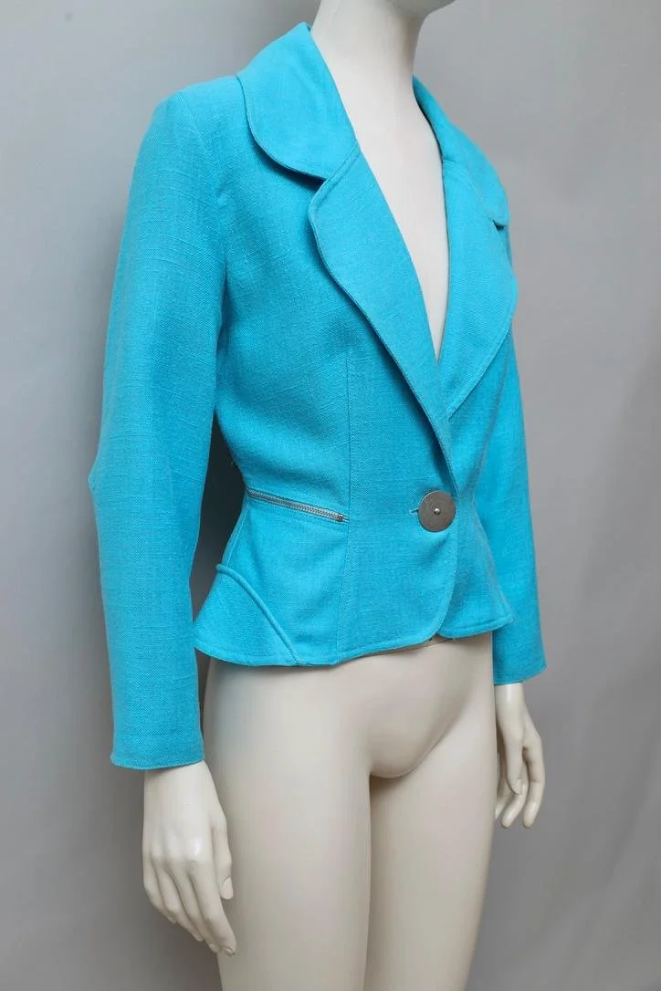 1980s Tramway Paris turquoise cut-out blazer with side zipper